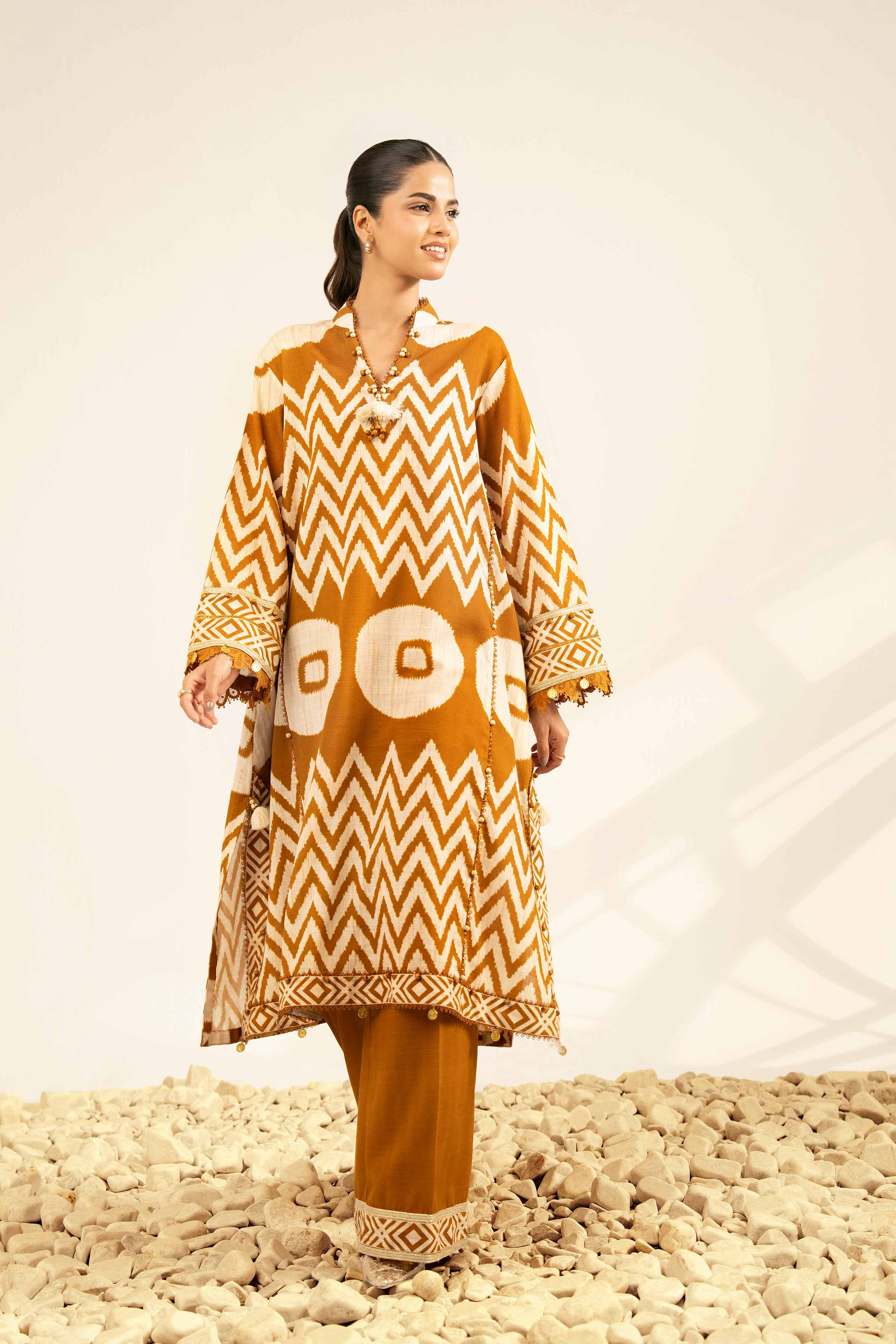 2 Piece - Printed Suit - 42502327 Unstitched Brown Khaddar 2PC Printed