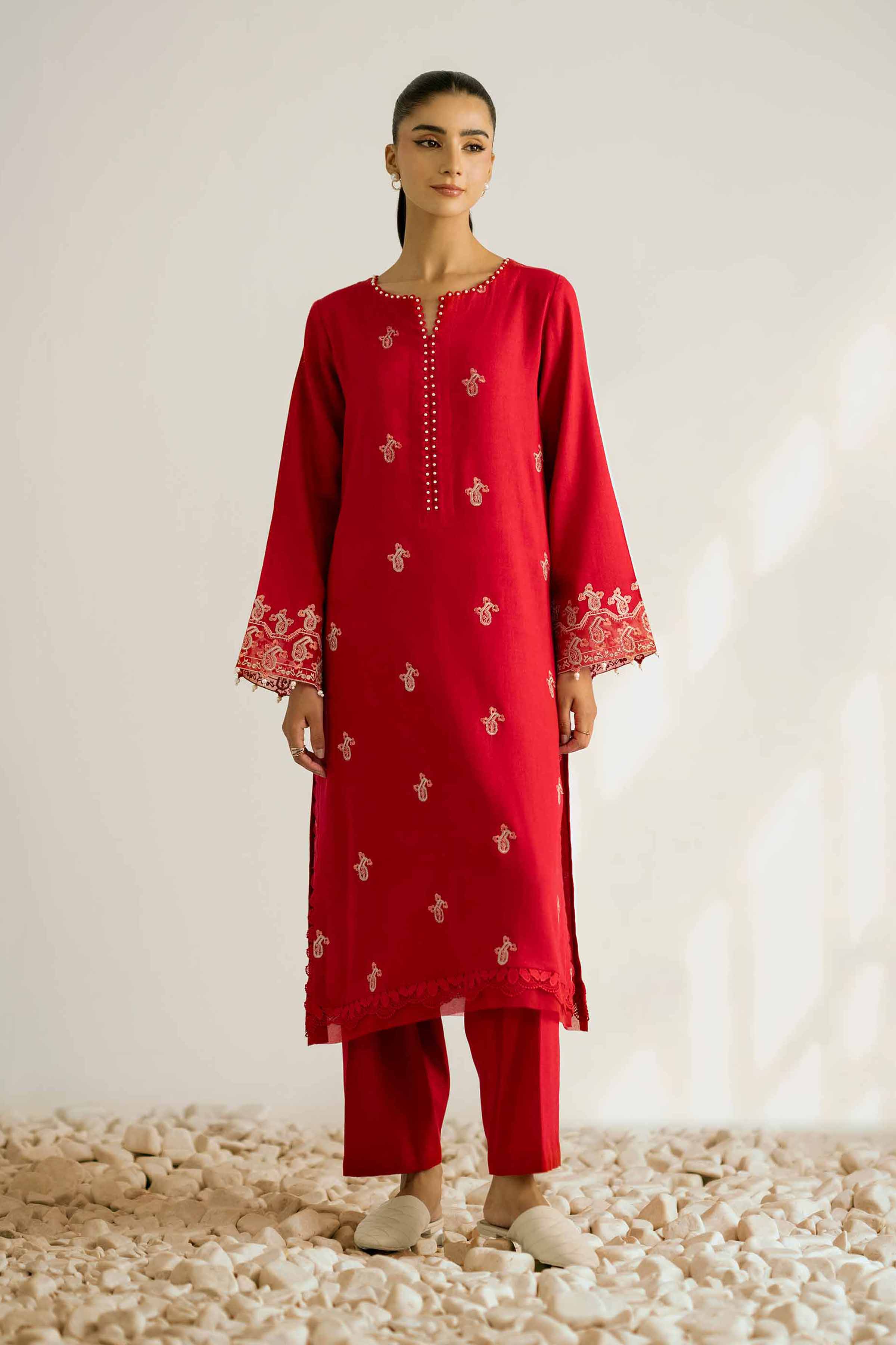 2 Piece - Embroidered Suit - 42502353 Unstitched Red Khaddar 2PC Embroidered