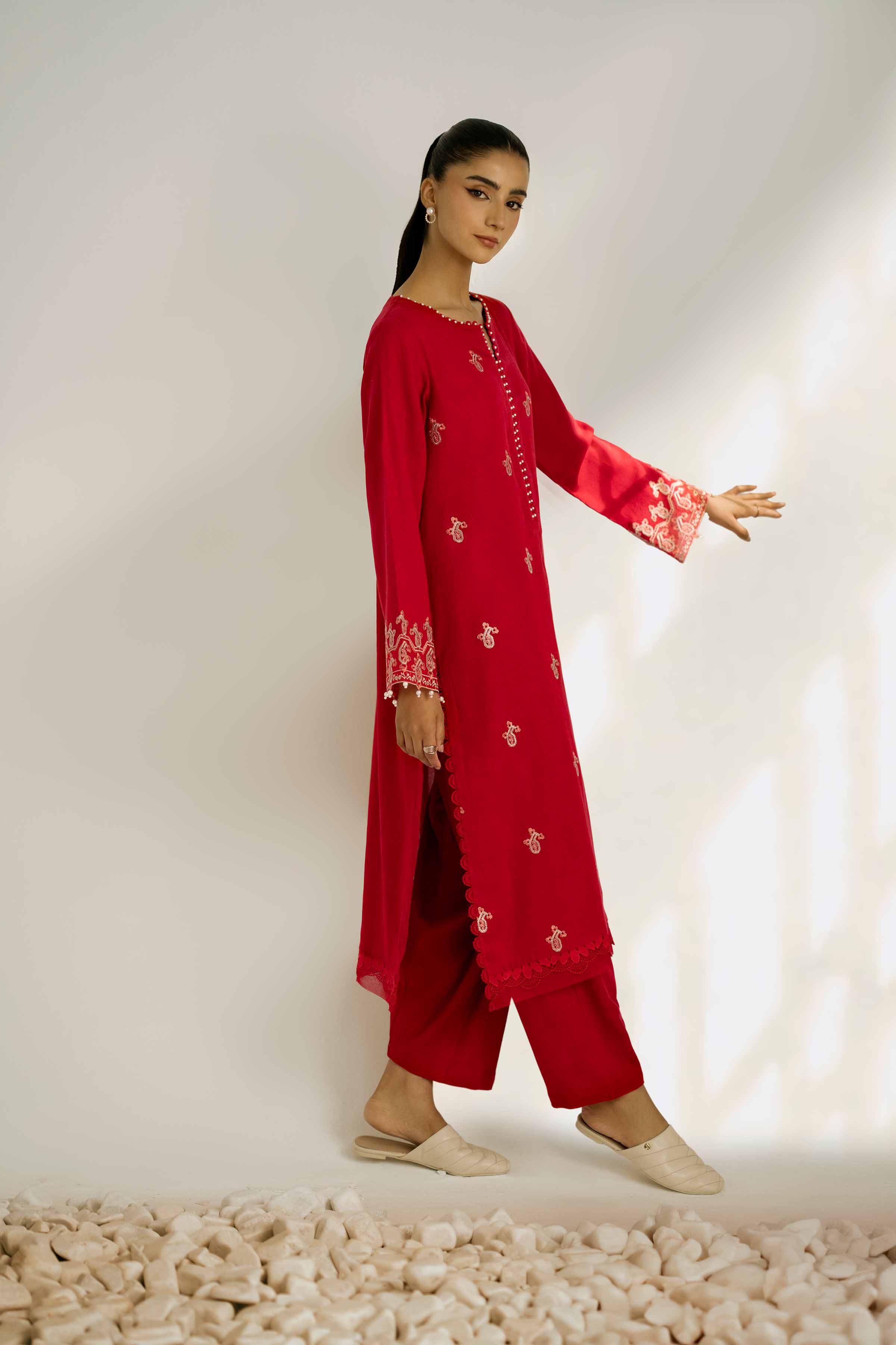 2 Piece - Embroidered Suit - 42502353 Unstitched Red Khaddar 2PC Embroidered