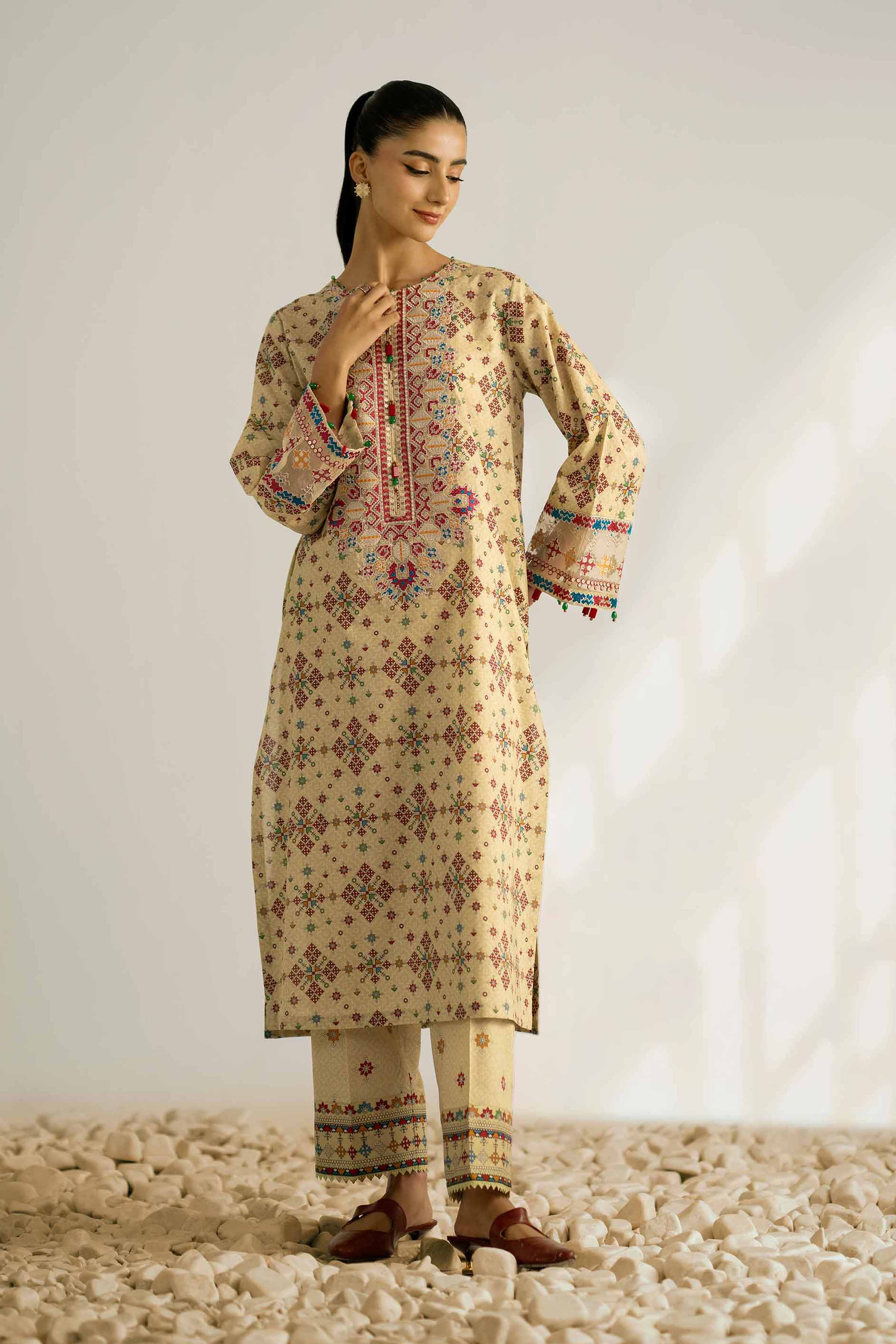2 Piece - Printed Embroidered Suit - 42502354 Unstitched Green Cambric 2PC Embroidered