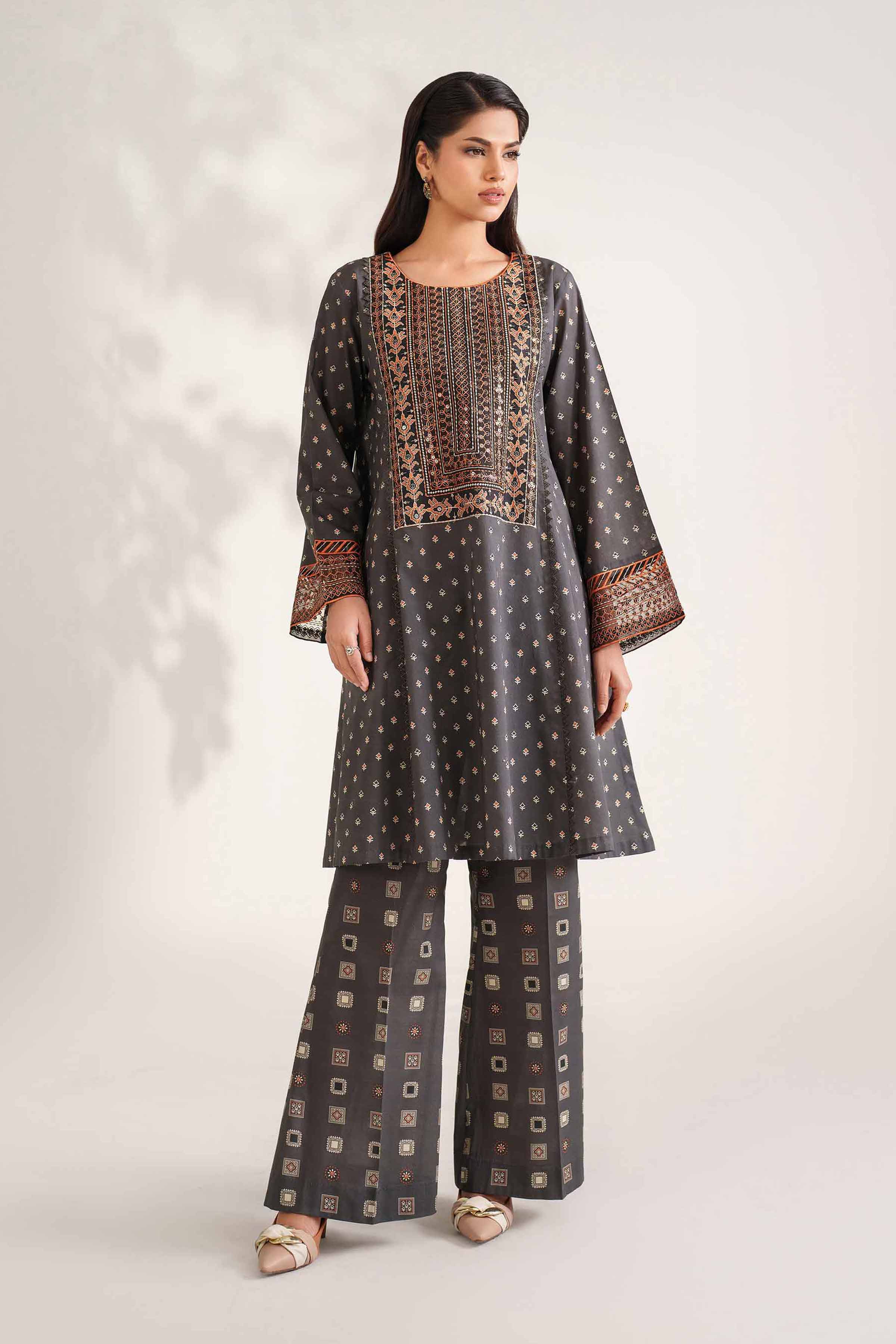 2 Piece - Printed Embroidered Suit - 42502355 Unstitched Grey Cambric 2PC Embroidered