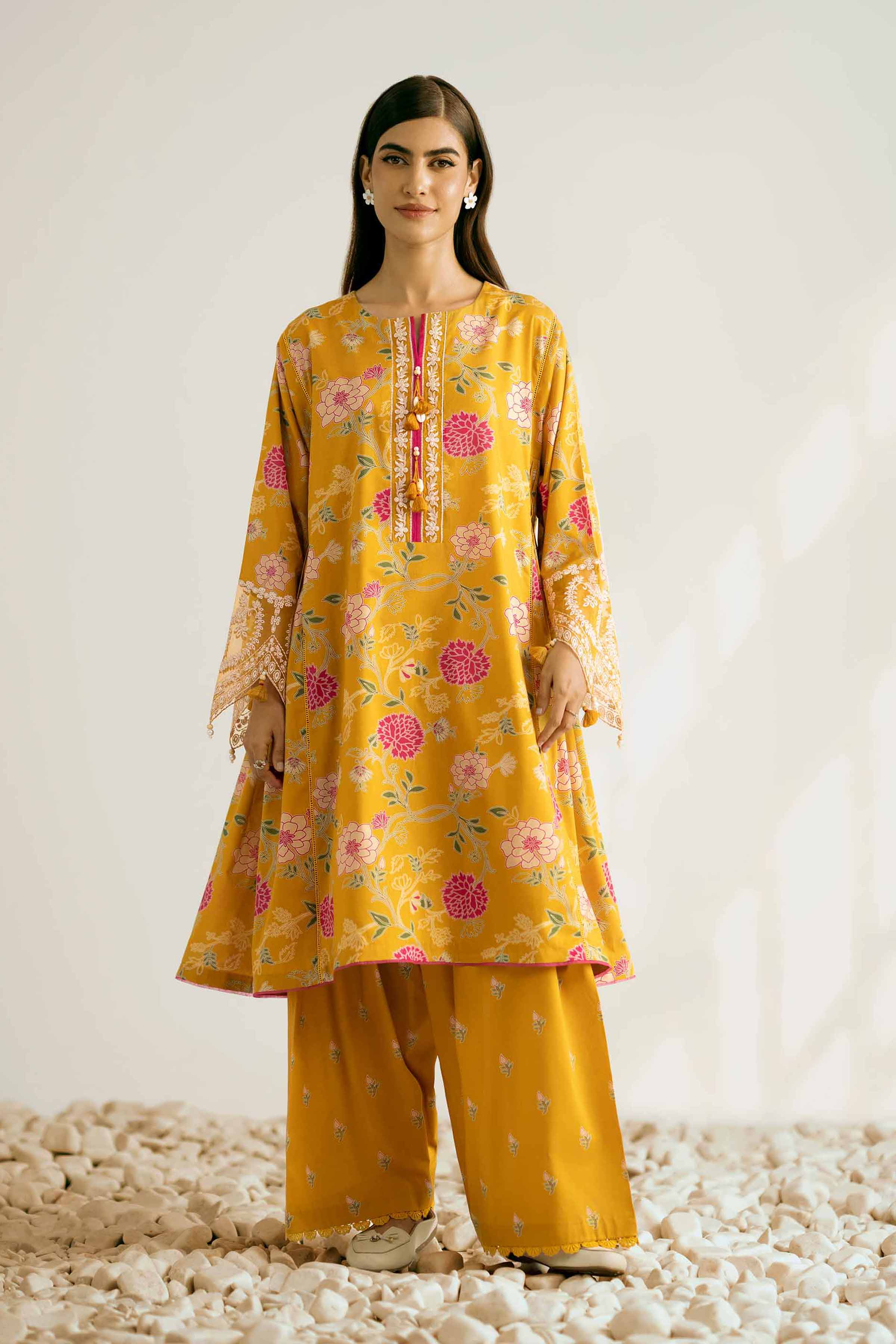 2 Piece - Printed Embroidered Suit - 42502357 Unstitched Yellow Cambric 2PC Embroidered