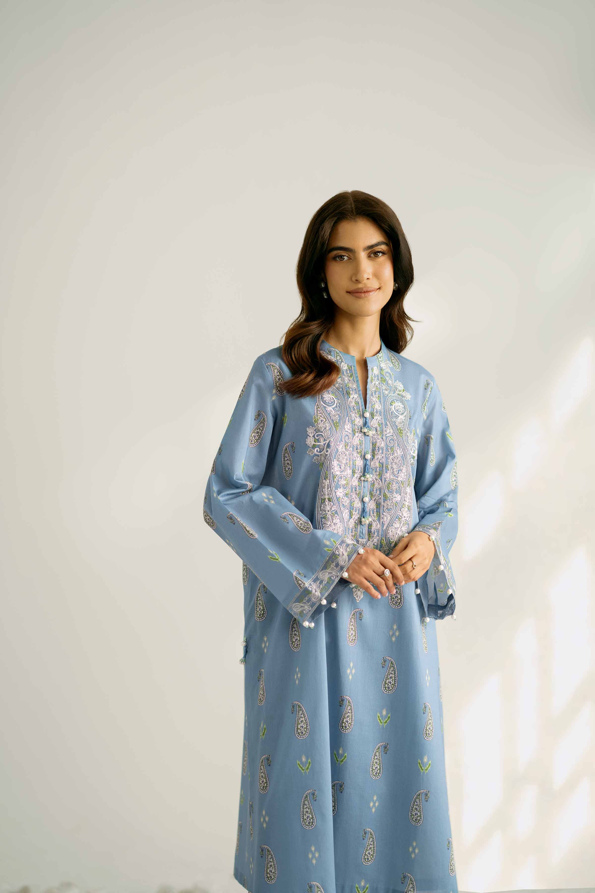 2 Piece - Printed Embroidered Suit - 42502358 Unstitched Blue Cambric 2PC Embroidered