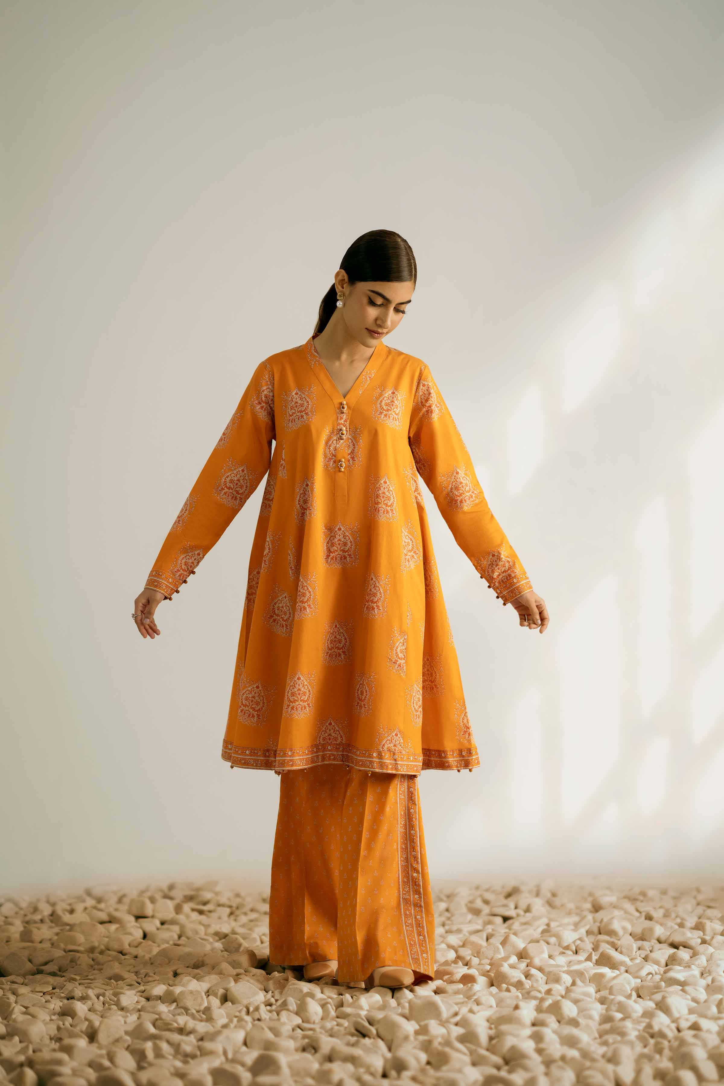 2 Piece - Printed Suit - 42502360 Unstitched Orange Cambric 2PC Printed