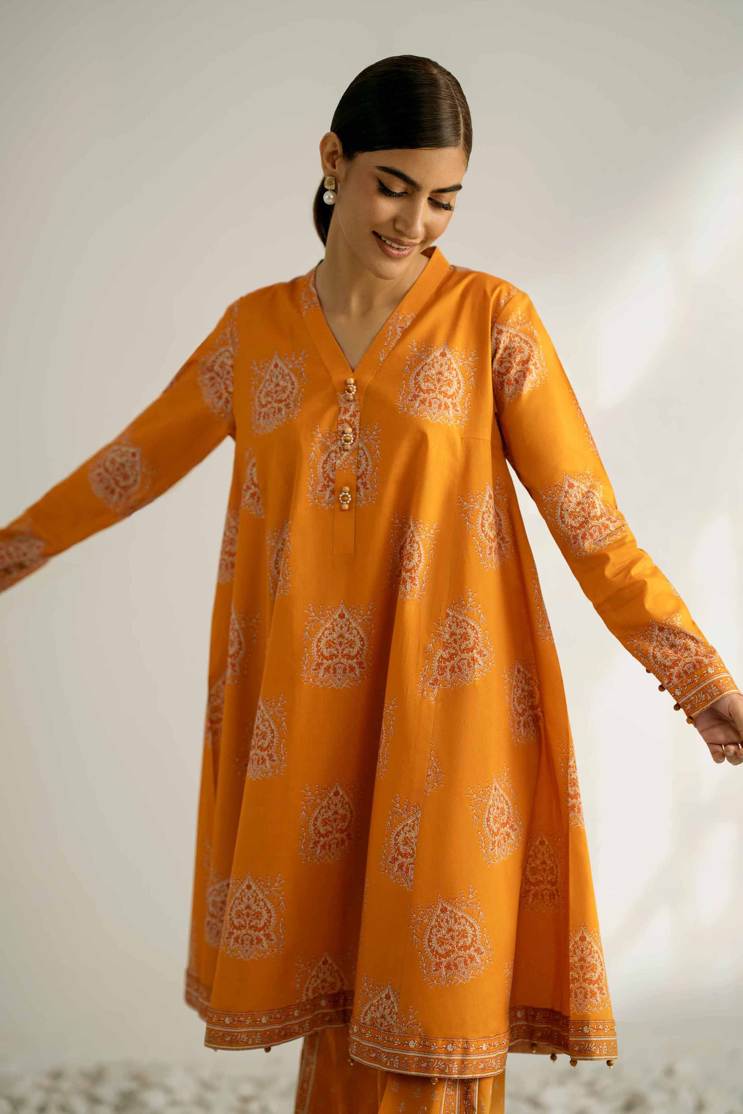 2 Piece - Printed Suit - 42502360 Unstitched Orange Cambric 2PC Printed