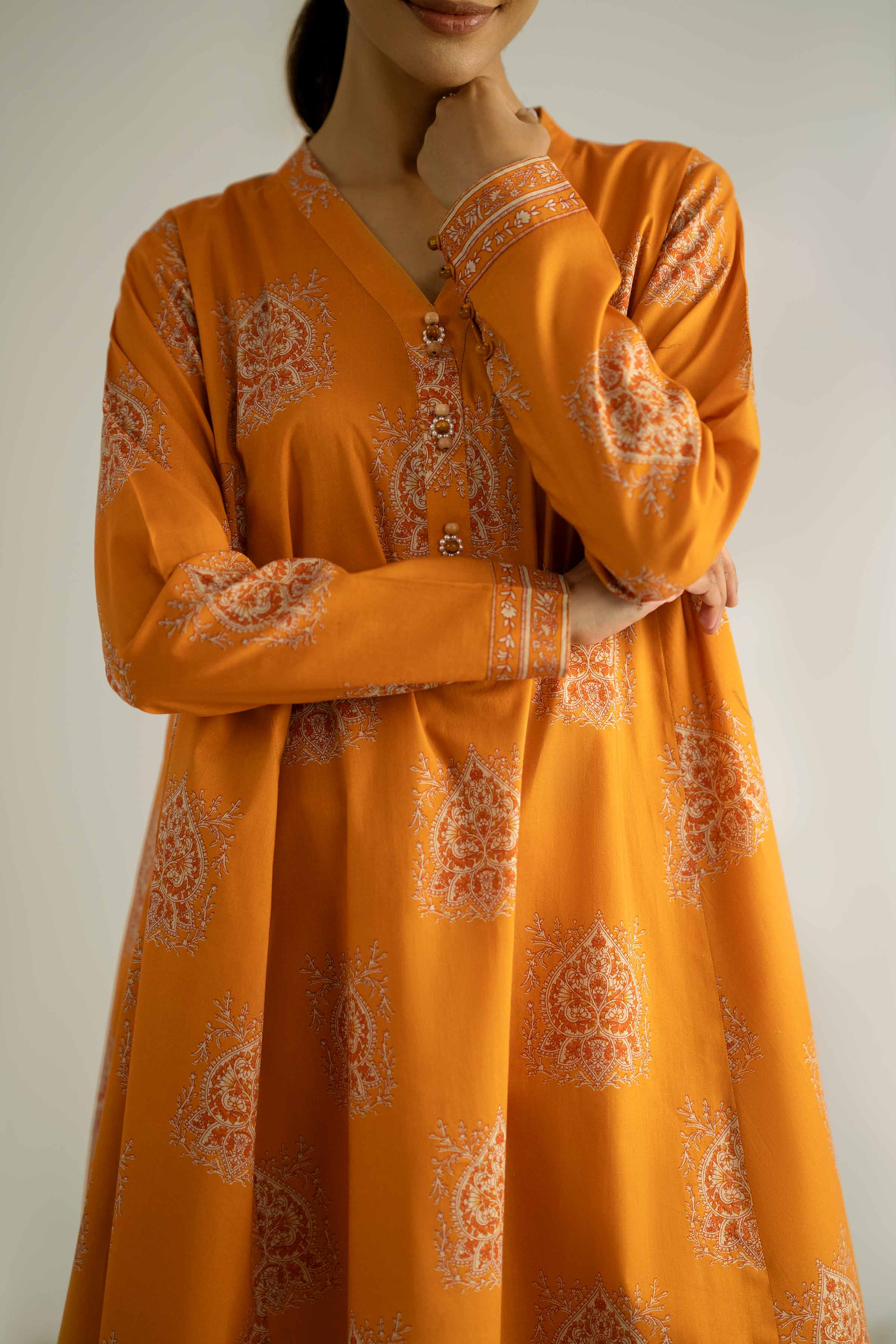 2 Piece - Printed Suit - 42502360 Unstitched Orange Cambric 2PC Printed