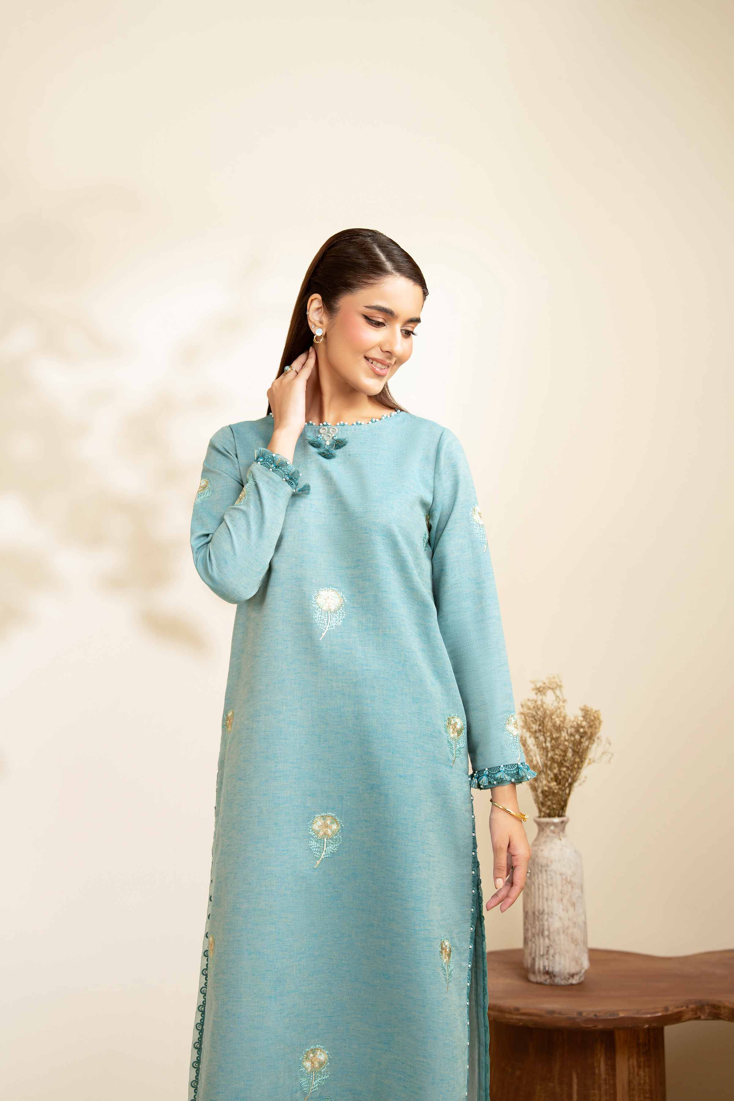 2 Piece - Embroidered Suit - 42502475 Unstitched Blue Linen 2PC Embroidered