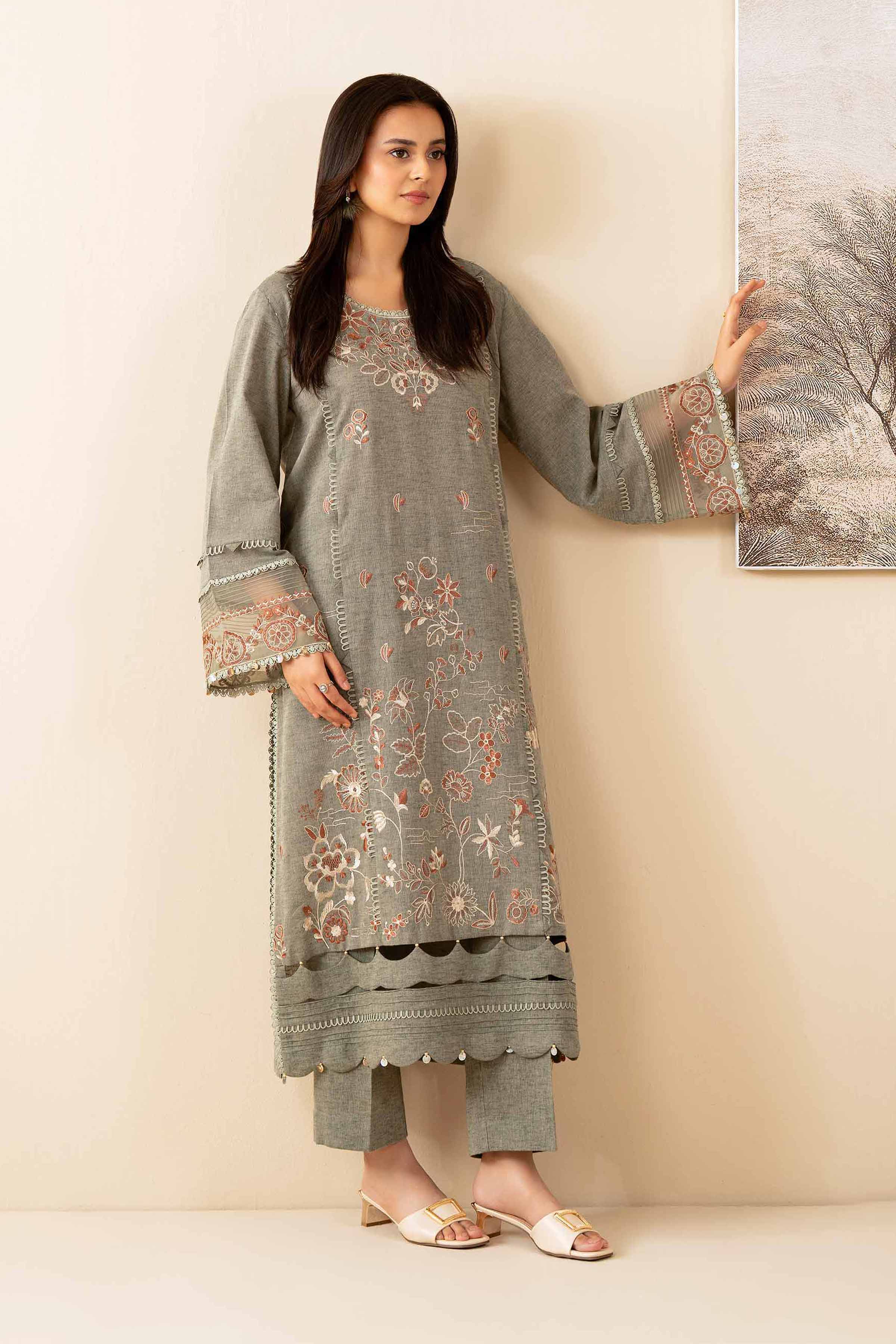 2 Piece - Embroidered Suit - 42502714 Unstitched Beige Linen 2PC Embroidered