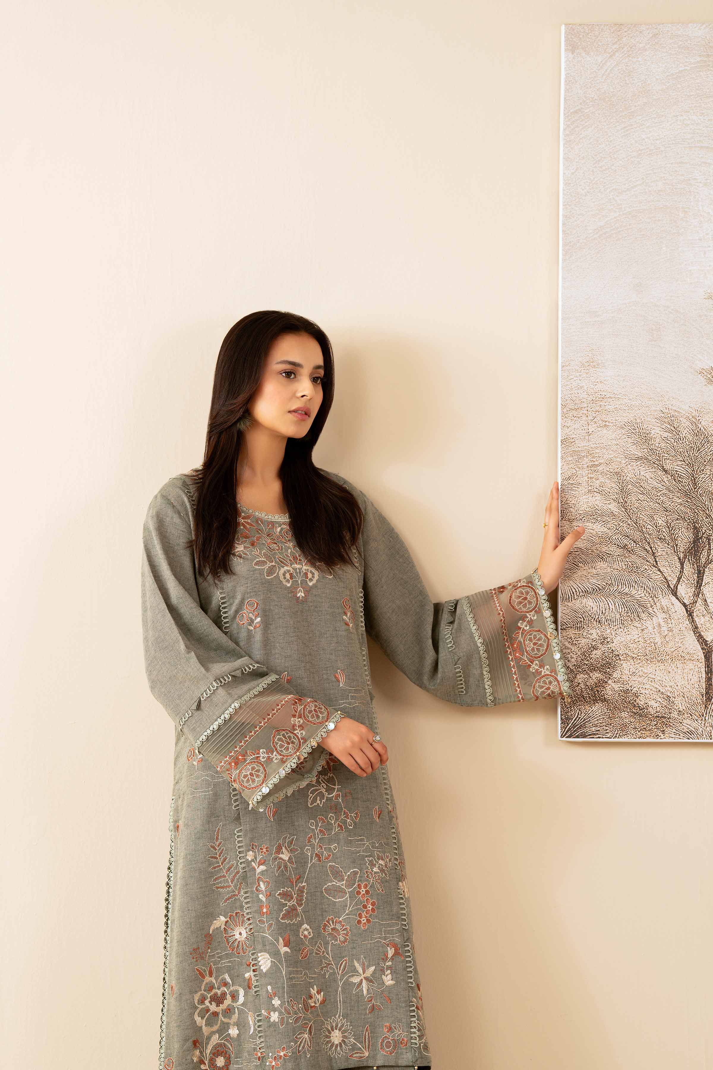 2 Piece - Embroidered Suit - 42502714 Unstitched Beige Linen 2PC Embroidered
