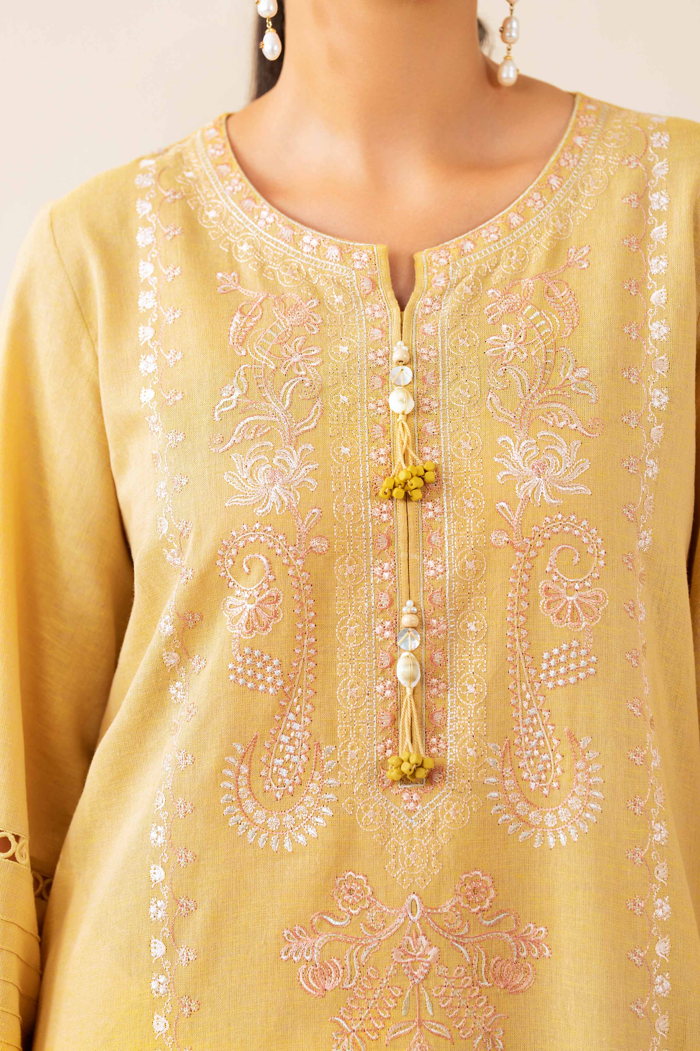 2 Piece - Embroidered Suit - 42502715 Unstitched Yellow Linen 2PC Embroidered