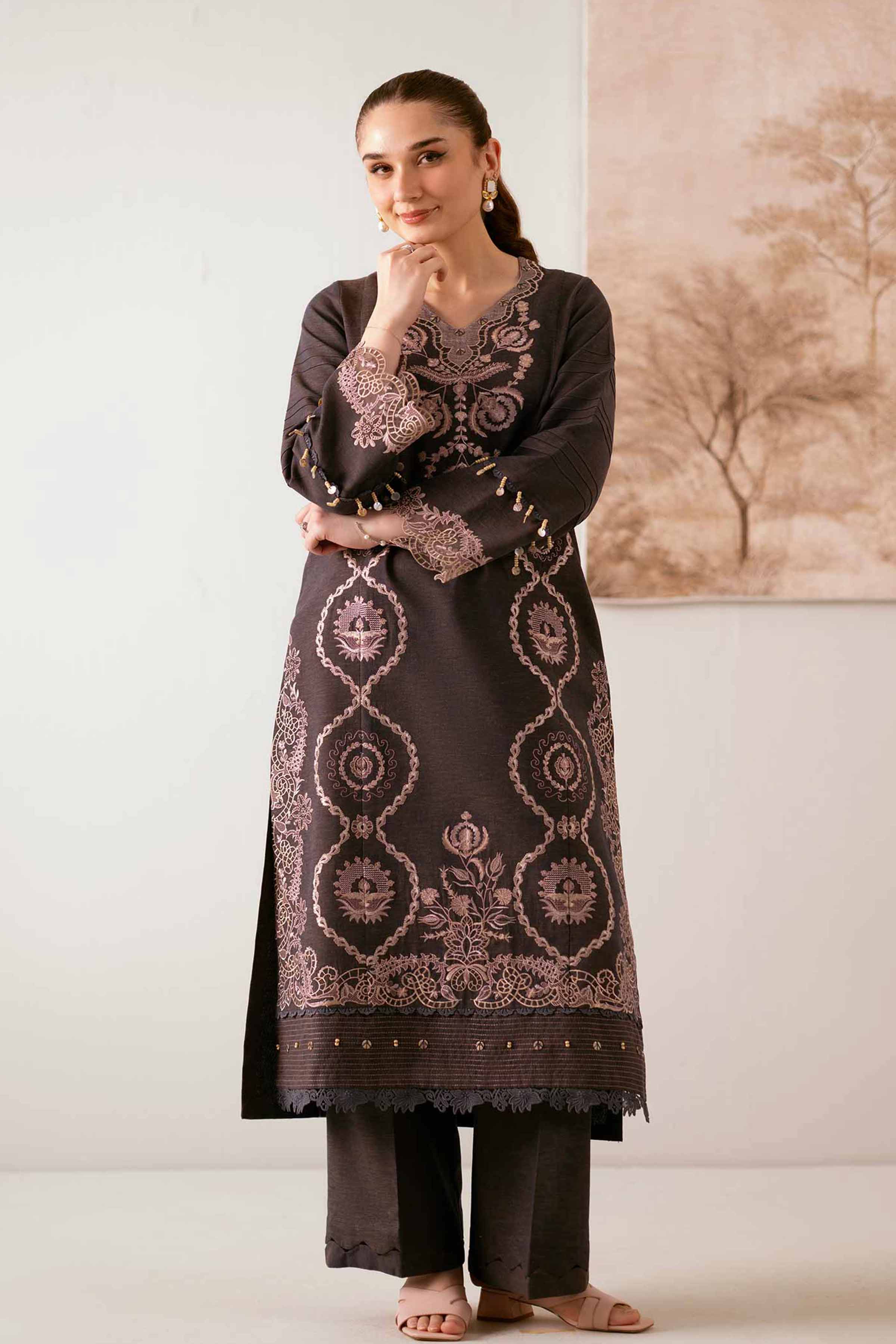 2 Piece - Embroidered Suit - 42502718 Unstitched Yellow Linen 2PC Embroidered