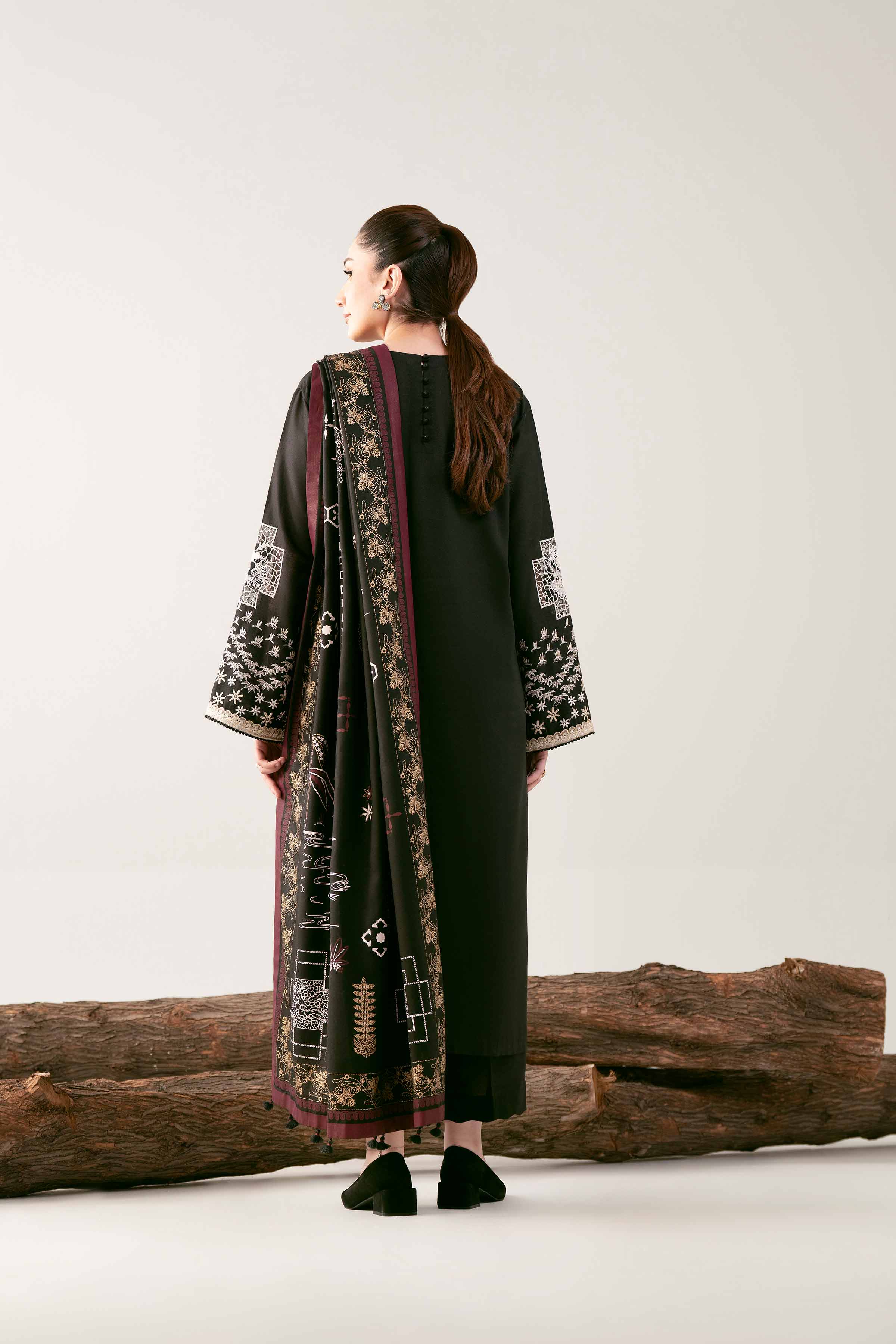 3 Piece - Printed Embroidered Suit - 42502744 Unstitched Black Karandi 3PC Embroidered