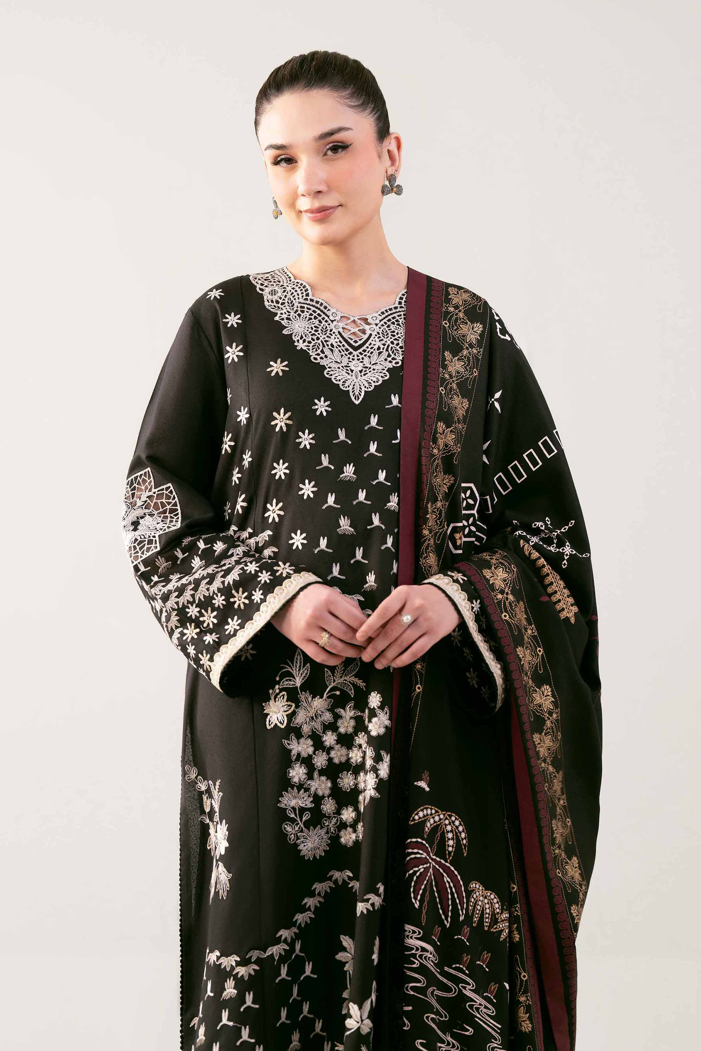3 Piece - Printed Embroidered Suit - 42502744 Unstitched Black Karandi 3PC Embroidered