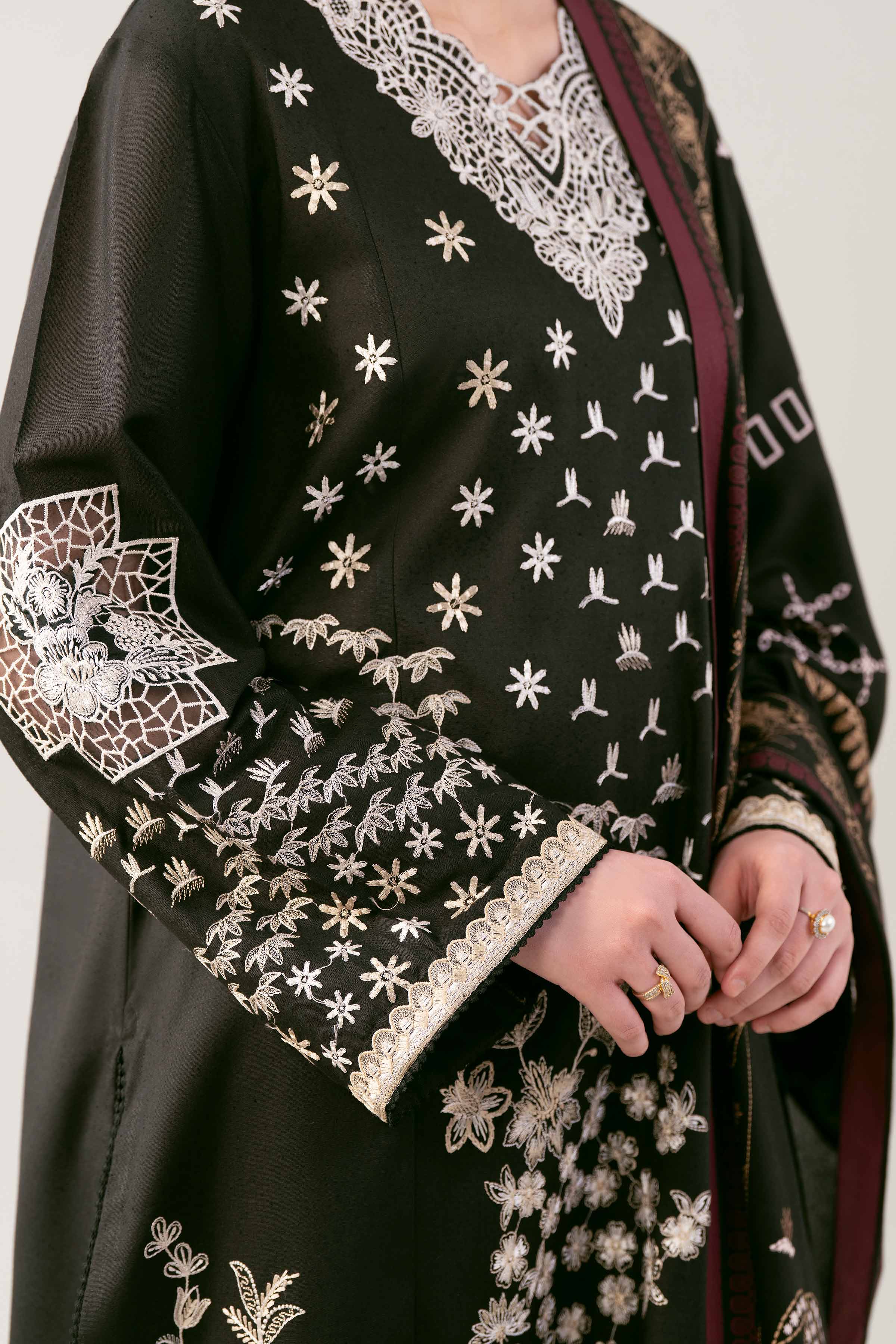3 Piece - Printed Embroidered Suit - 42502744 Unstitched Black Karandi 3PC Embroidered