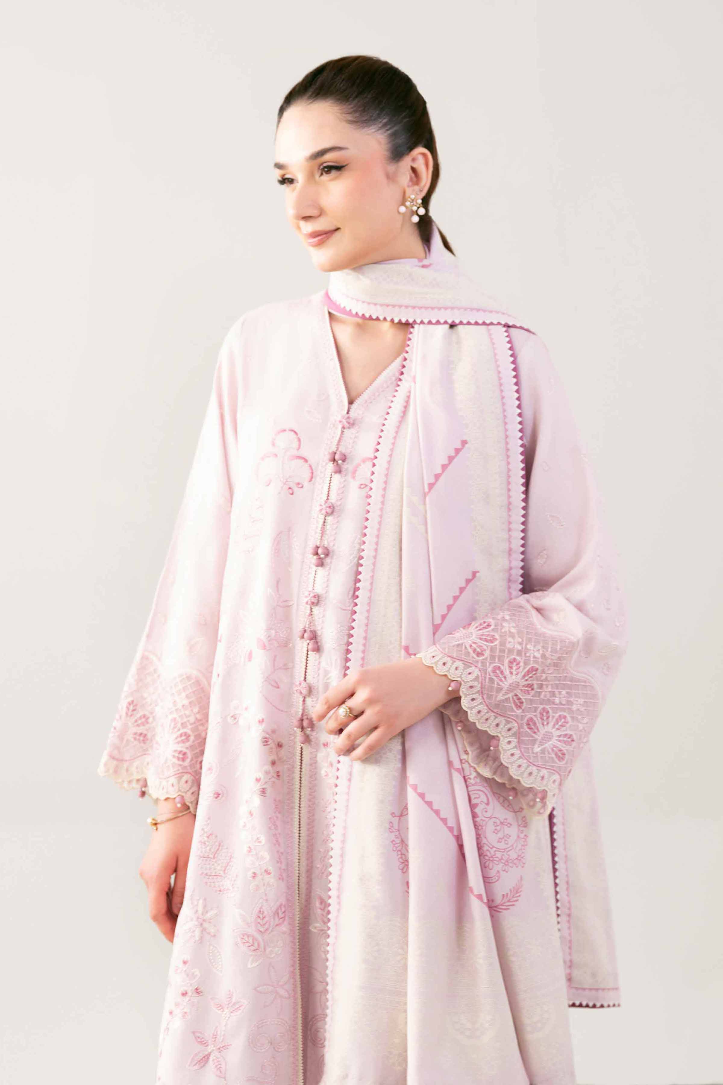 3 Piece - Printed Embroidered Suit - 42502745 Unstitched Pink Karandi 3PC Embroidered
