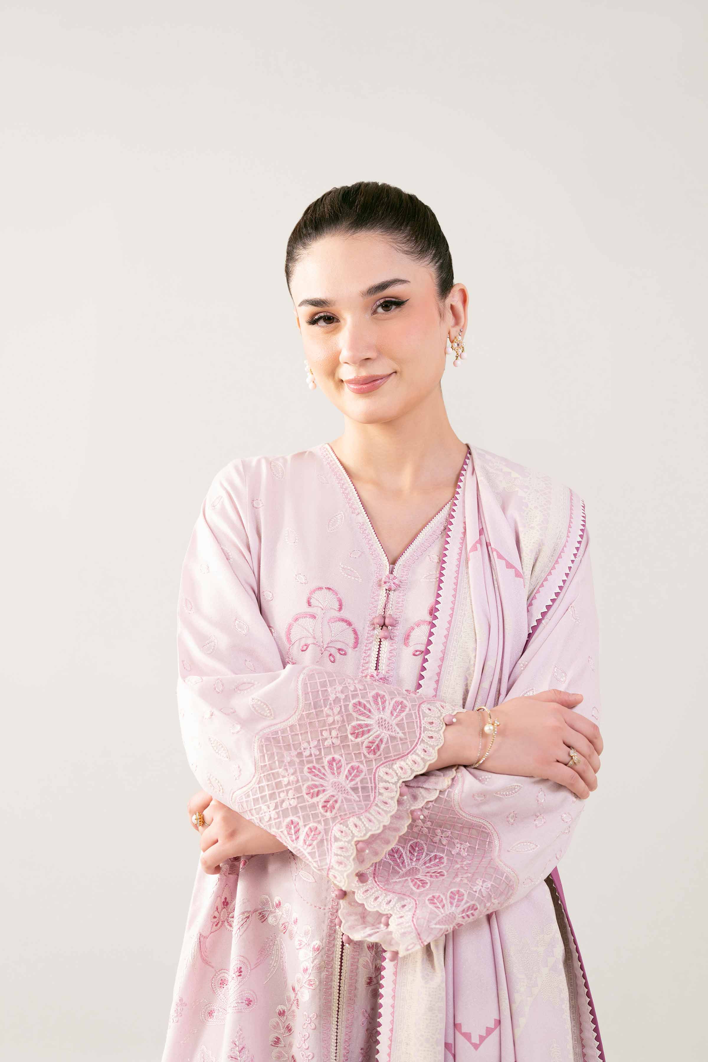 3 Piece - Printed Embroidered Suit - 42502745 Unstitched Pink Karandi 3PC Embroidered