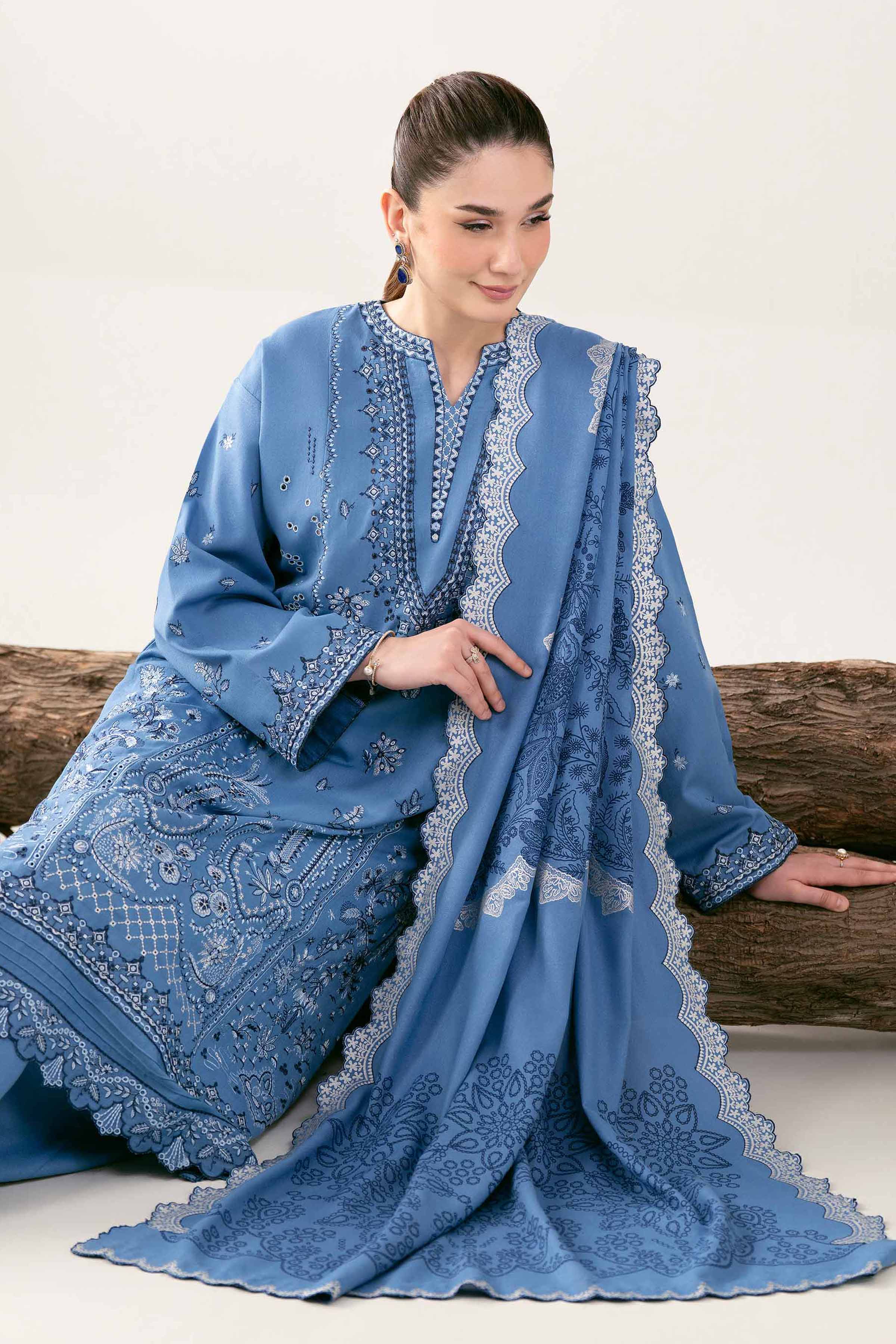 3 Piece - Printed Embroidered Suit - 42502747 Unstitched Blue Karandi 3PC Embroidered