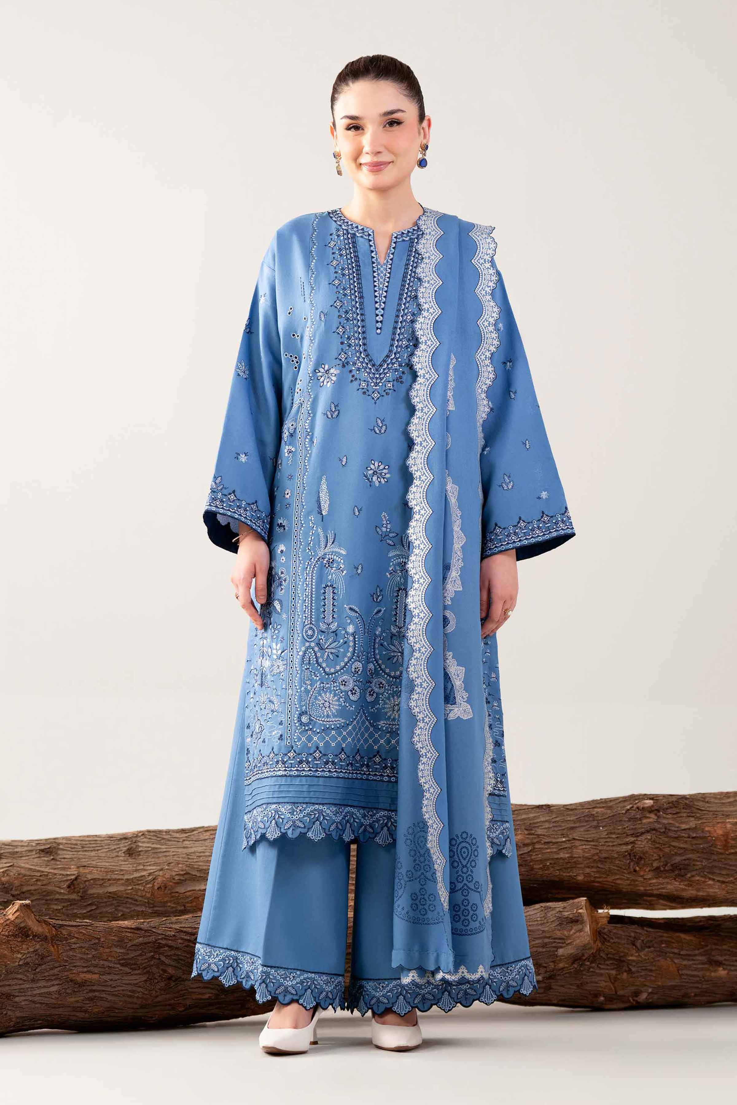 3 Piece - Printed Embroidered Suit - 42502747 Unstitched Blue Karandi 3PC Embroidered