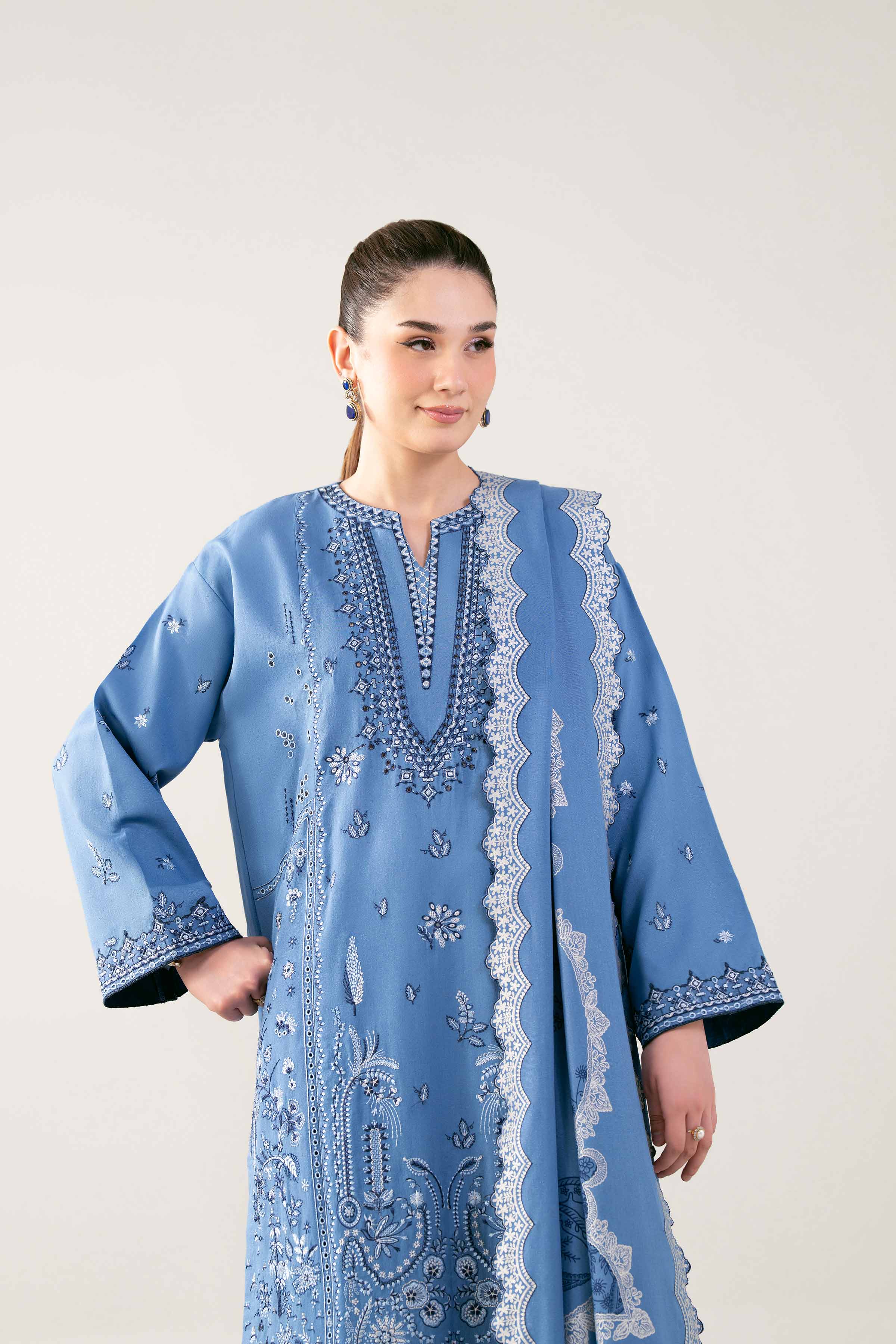 3 Piece - Printed Embroidered Suit - 42502747 Unstitched Blue Karandi 3PC Embroidered