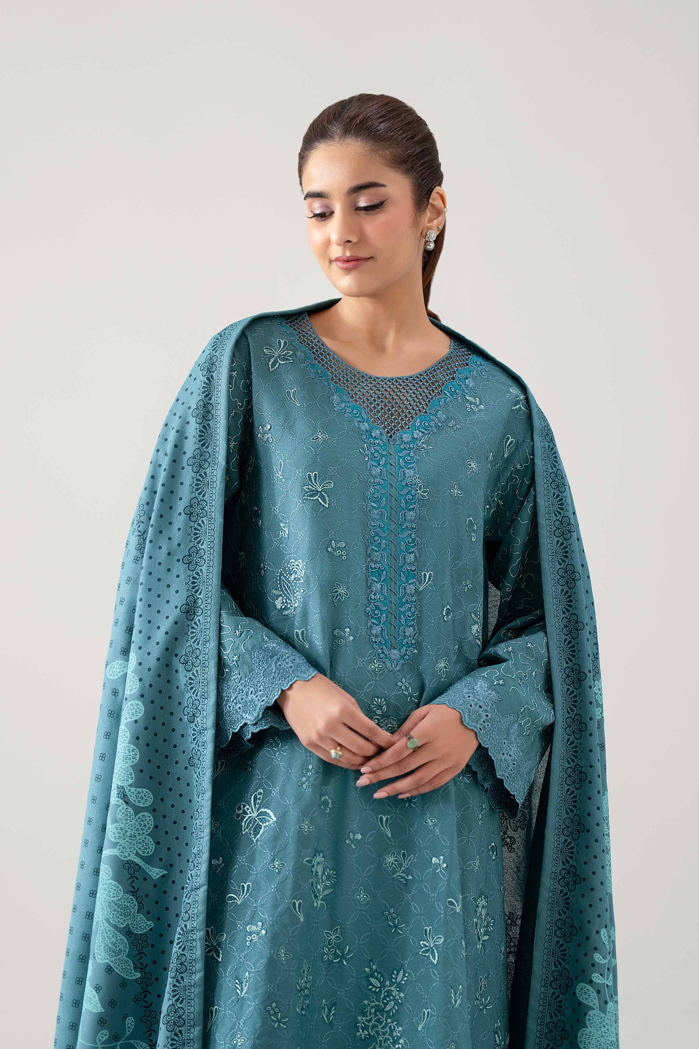 3 Piece - Printed Embroidered Suit - 42502748 Unstitched Blue Karandi 3PC Embroidered