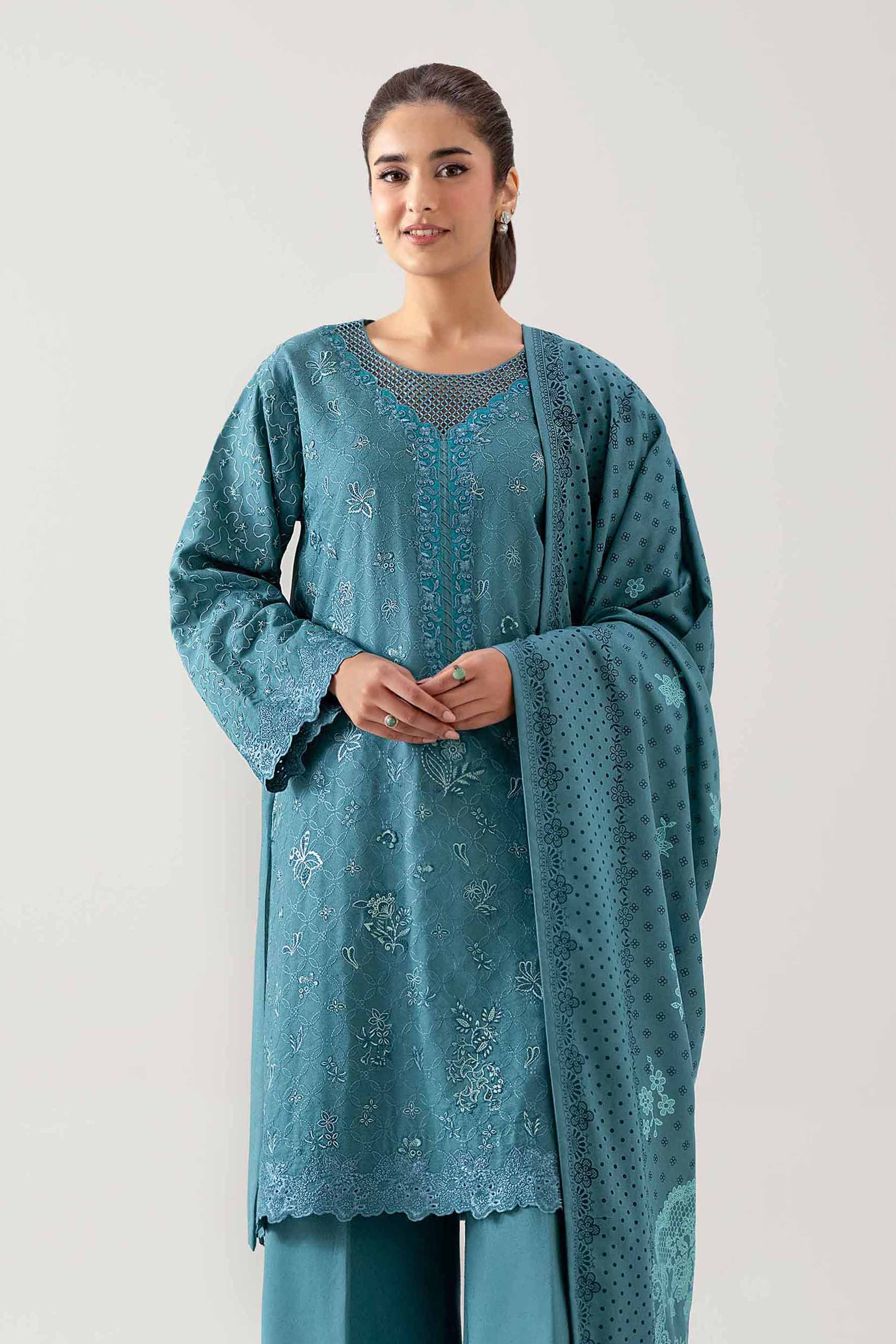 3 Piece - Printed Embroidered Suit - 42502748 Unstitched Blue Karandi 3PC Embroidered