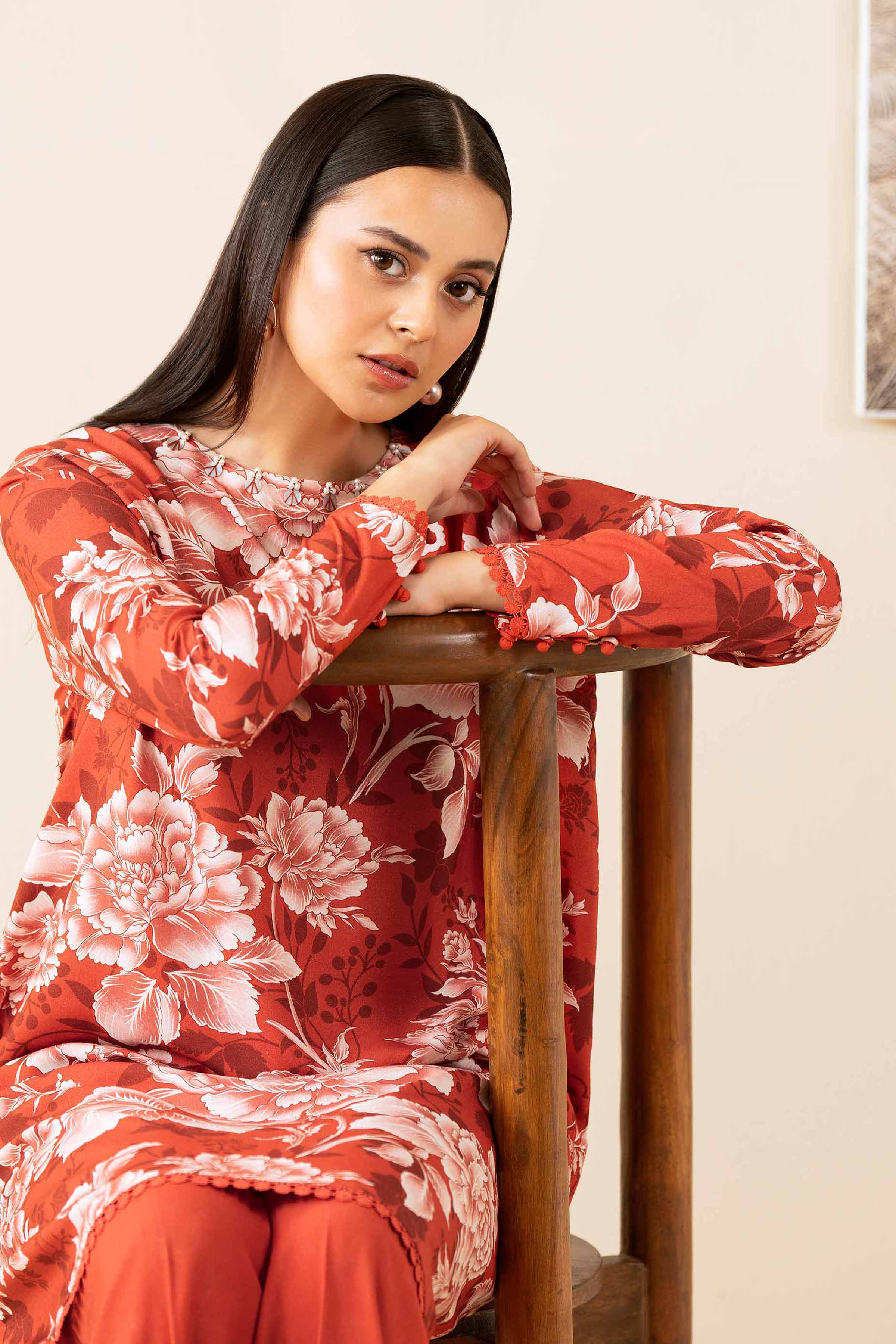 2 Piece - Printed Suit - 42502780 Unstitched Orange Linen 2PC Printed