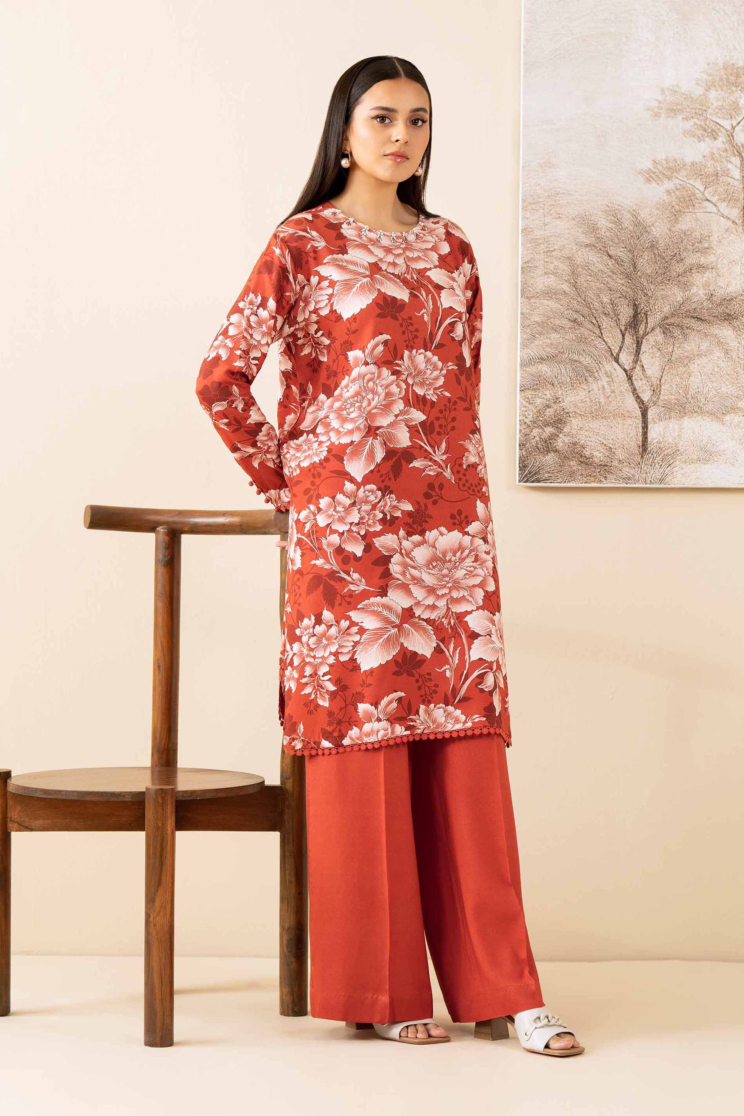 2 Piece - Printed Suit - 42502780 Unstitched Orange Linen 2PC Printed