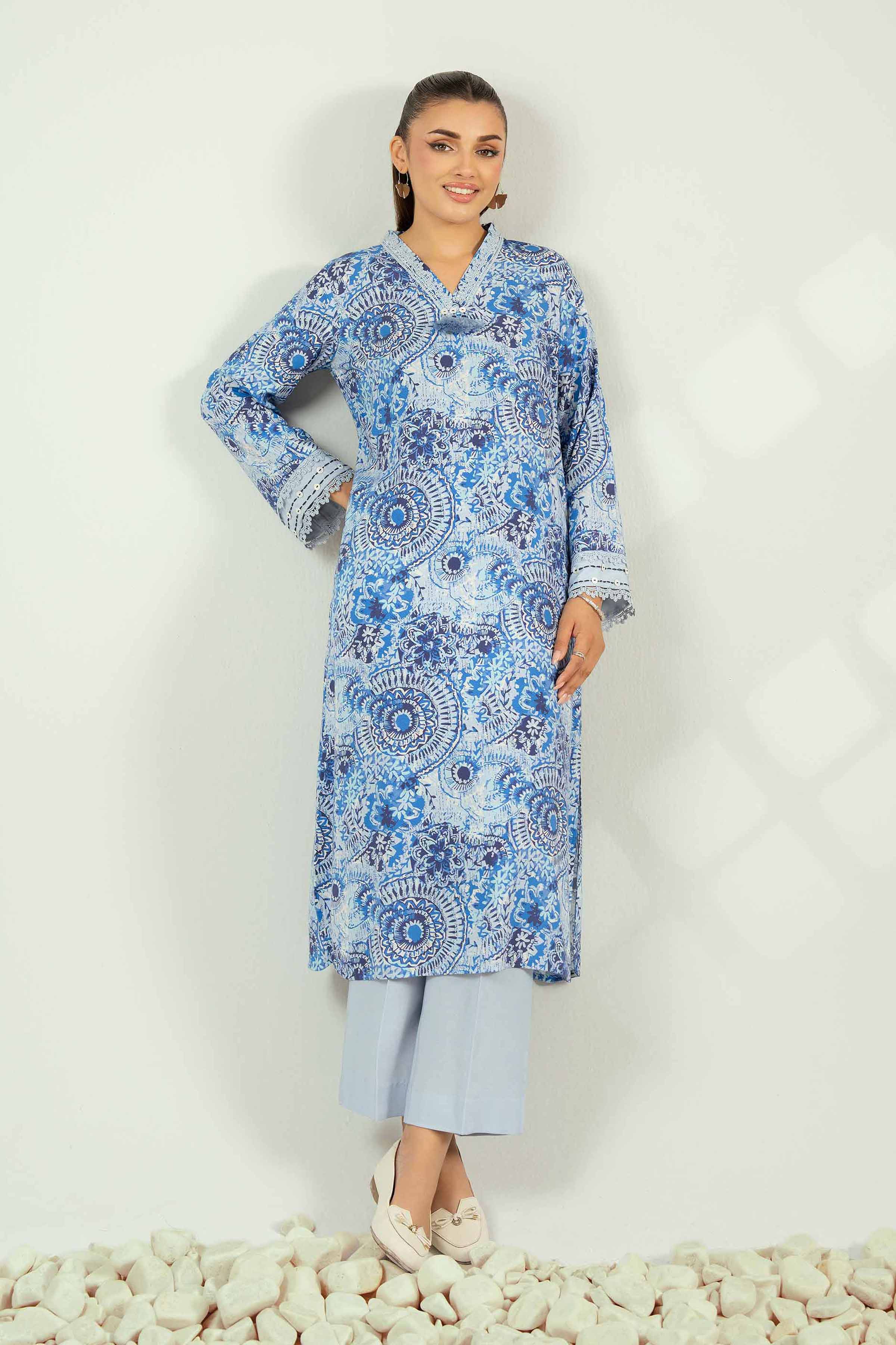 2 Piece - Printed Suit - 42502785 Unstitched Blue Linen 2PC Printed