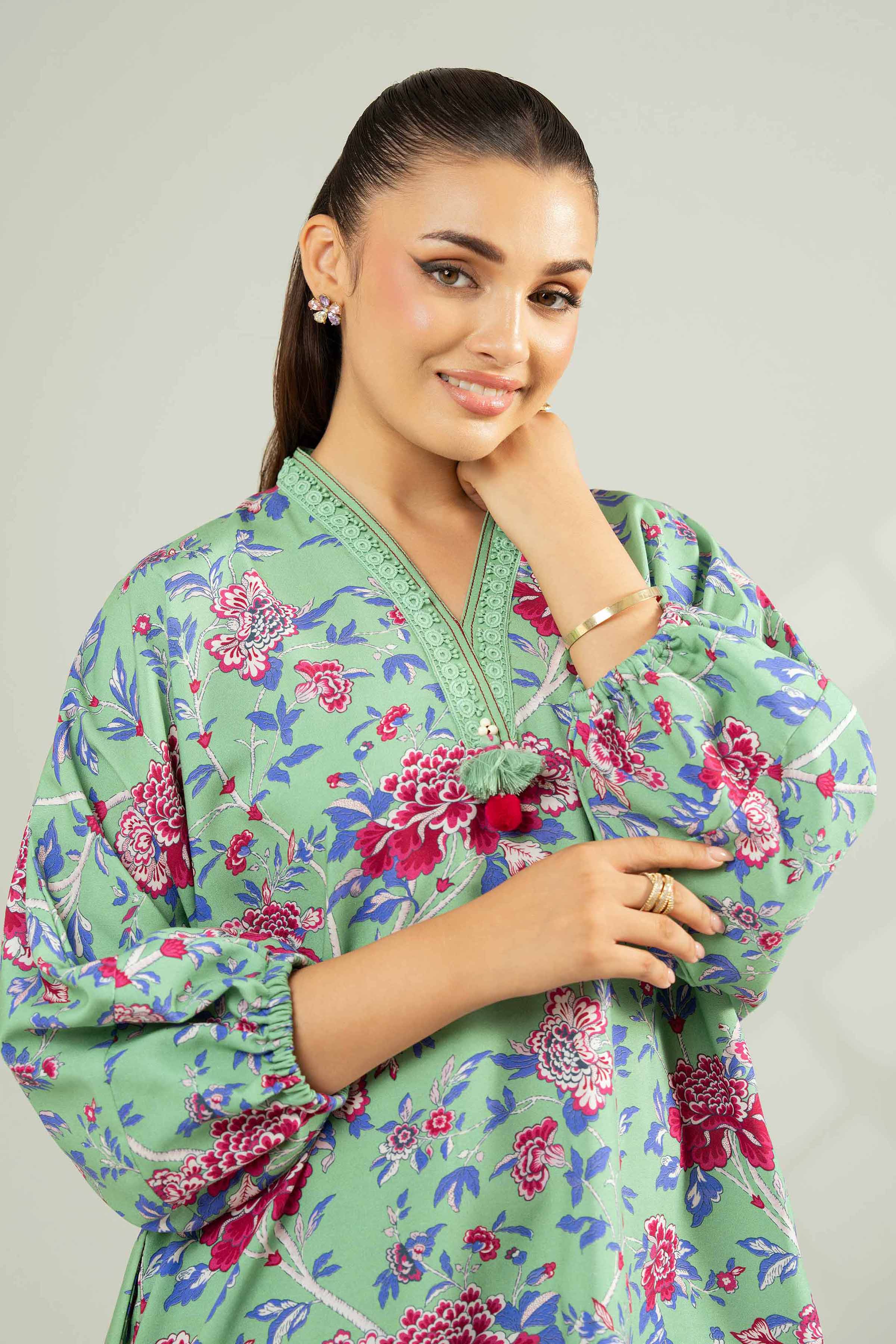 2 Piece - Printed Suit - 42502786 Unstitched Green Linen 2PC Printed