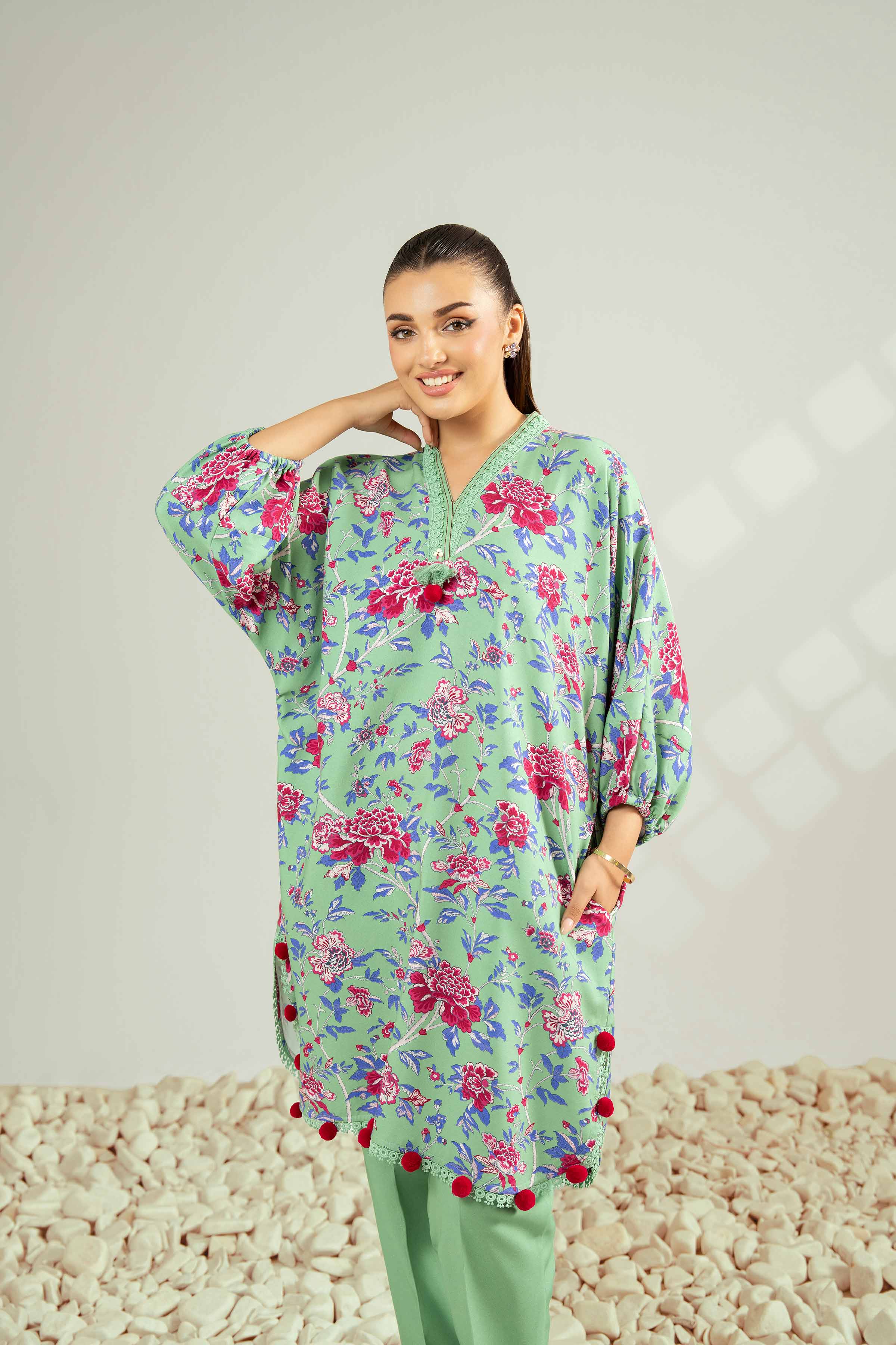 2 Piece - Printed Suit - 42502786 Unstitched Green Linen 2PC Printed