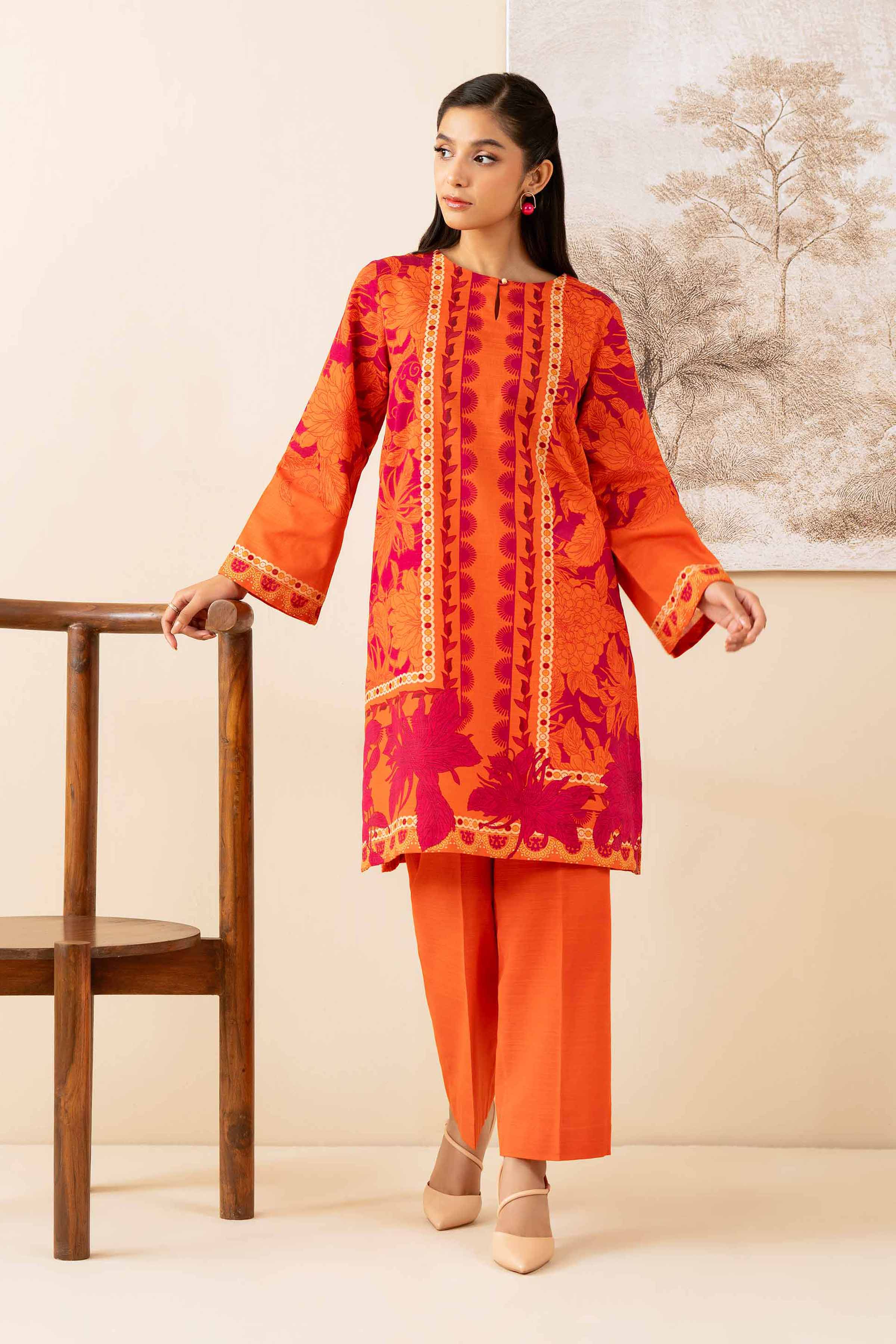 2 Piece - Digital Printed Suit - 42502792 Unstitched Orange Khaddar 2PC Printed