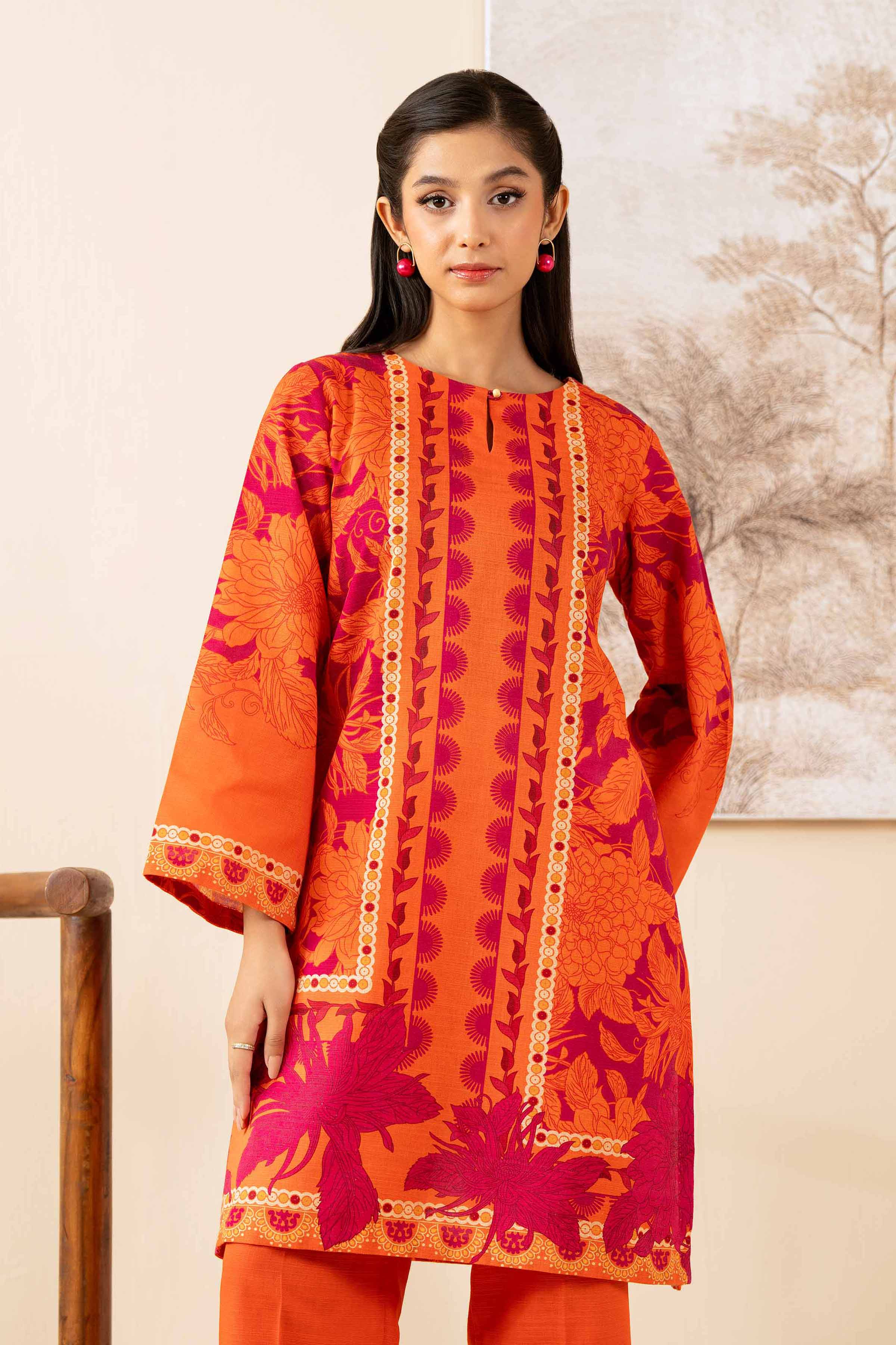 2 Piece - Digital Printed Suit - 42502792 Unstitched Orange Khaddar 2PC Printed