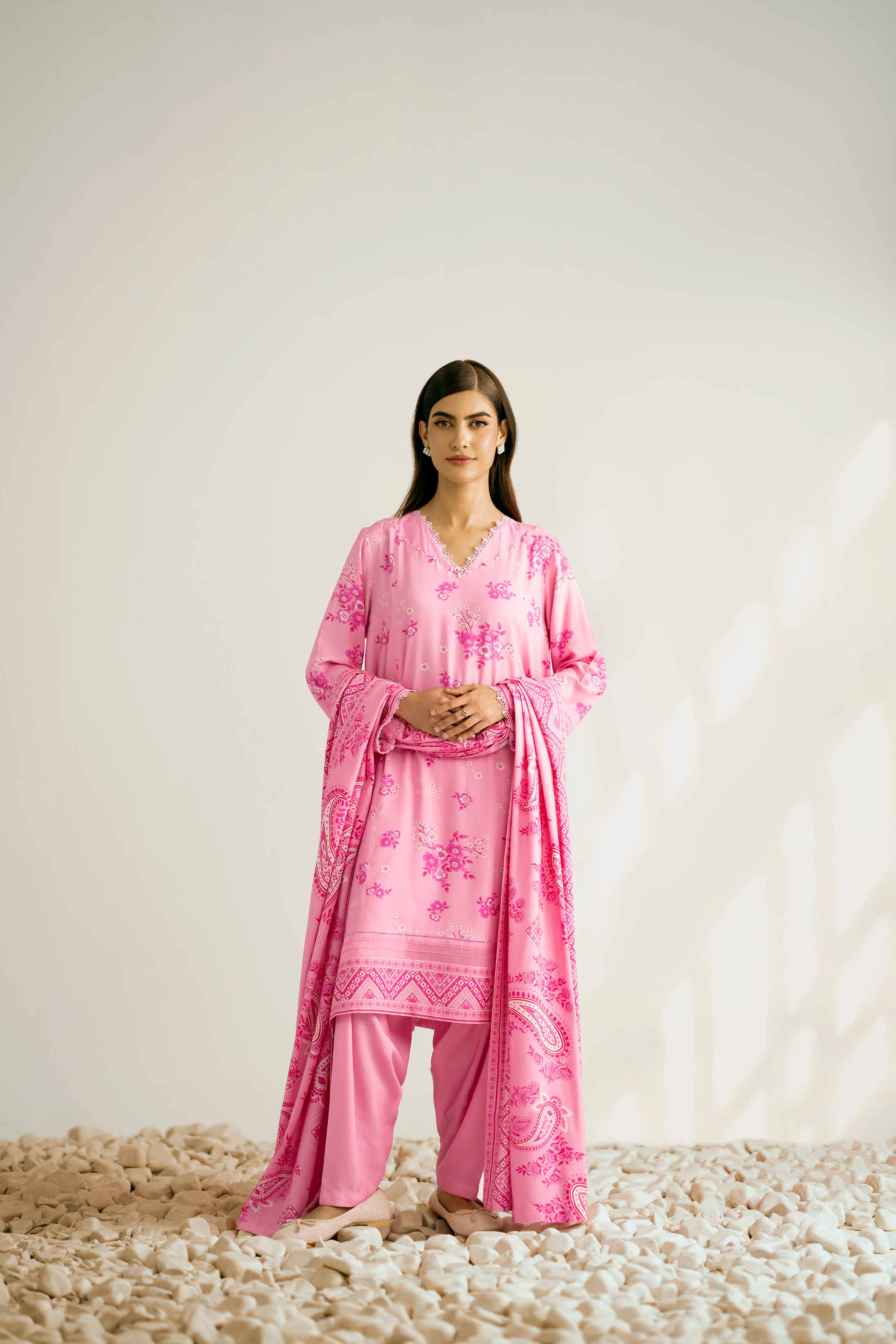 3 Piece - Printed Suit - 42502834 Unstitched Pink Linen 3PC Printed