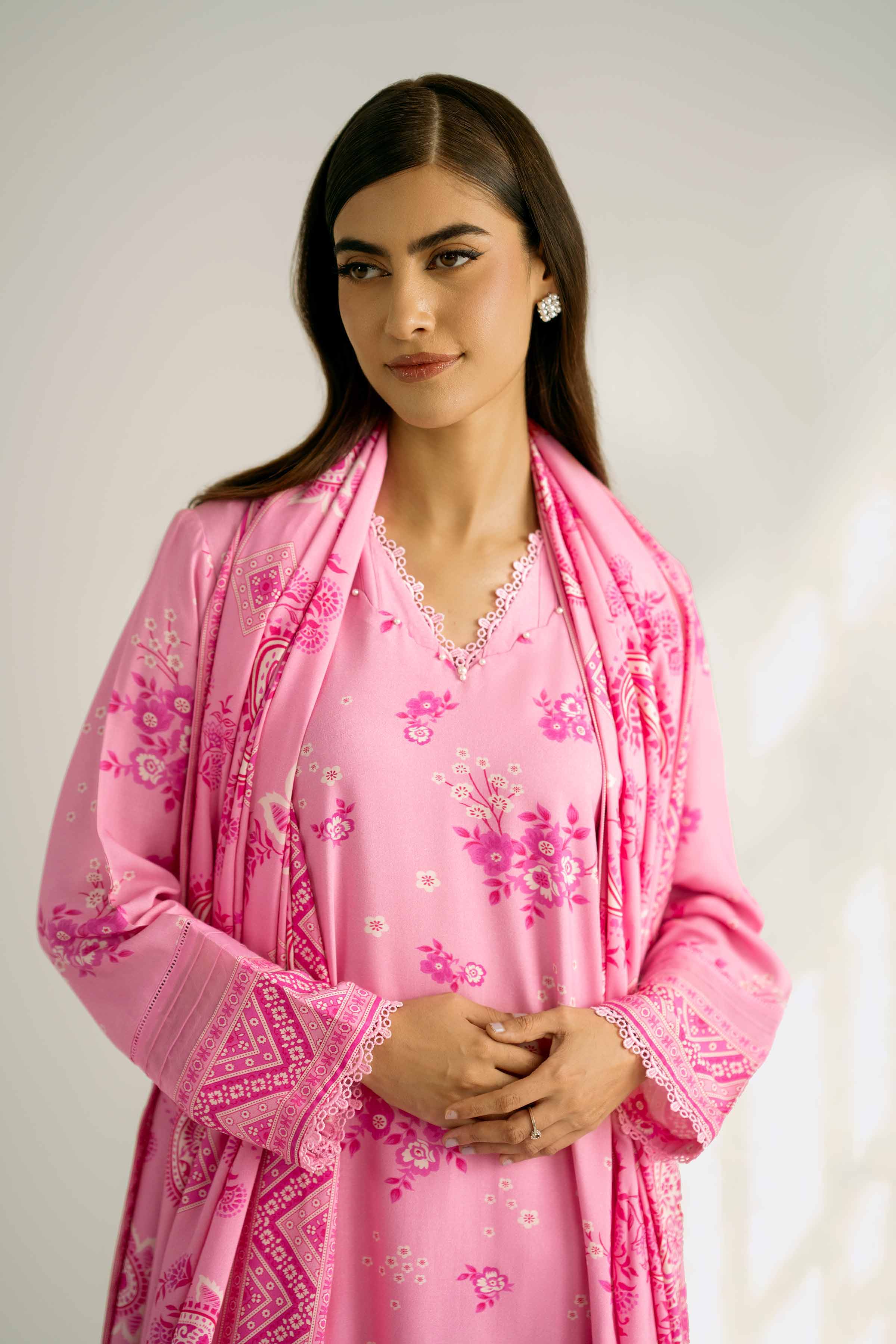 3 Piece - Printed Suit - 42502834 Unstitched Pink Linen 3PC Printed