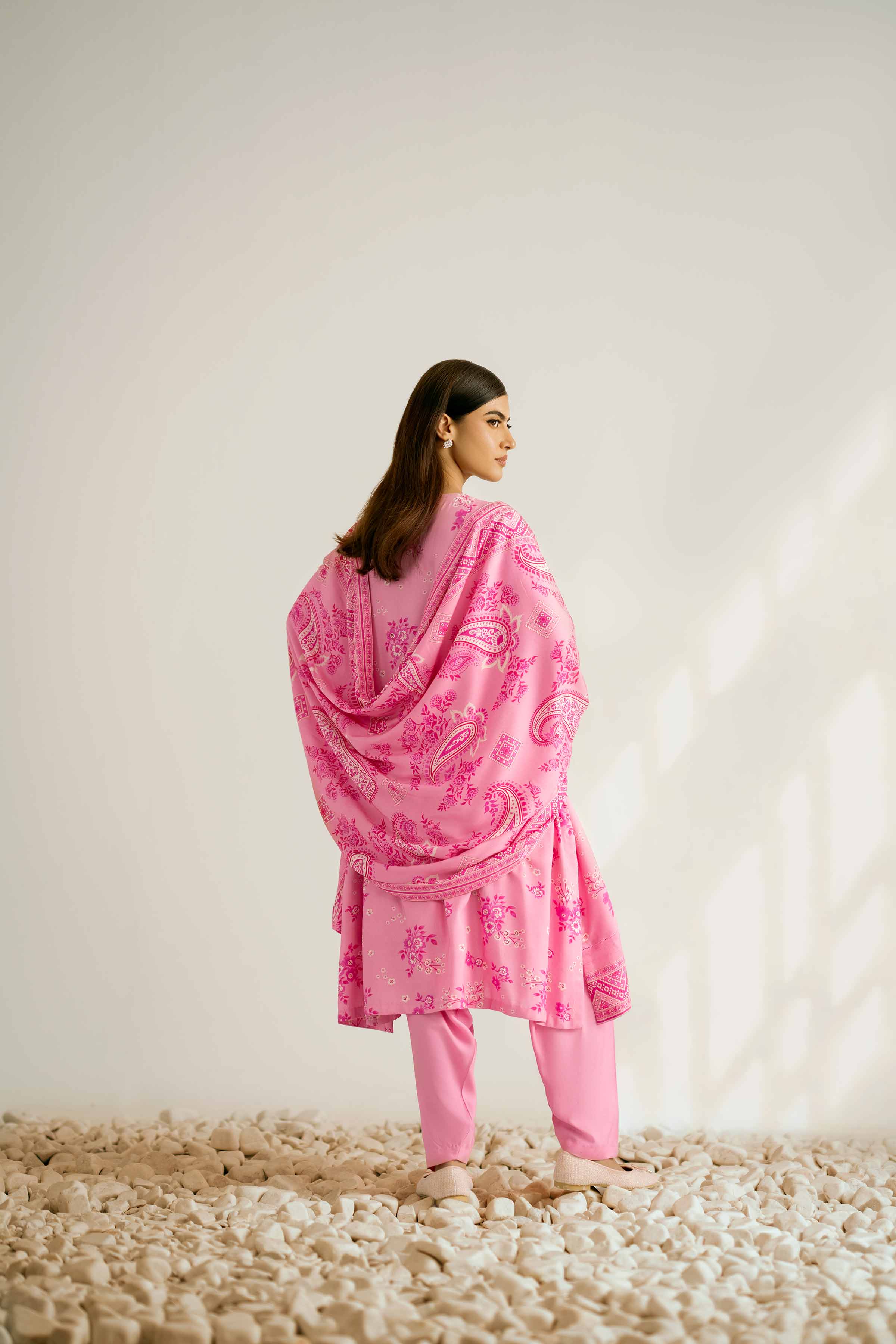 3 Piece - Printed Suit - 42502834 Unstitched Pink Linen 3PC Printed