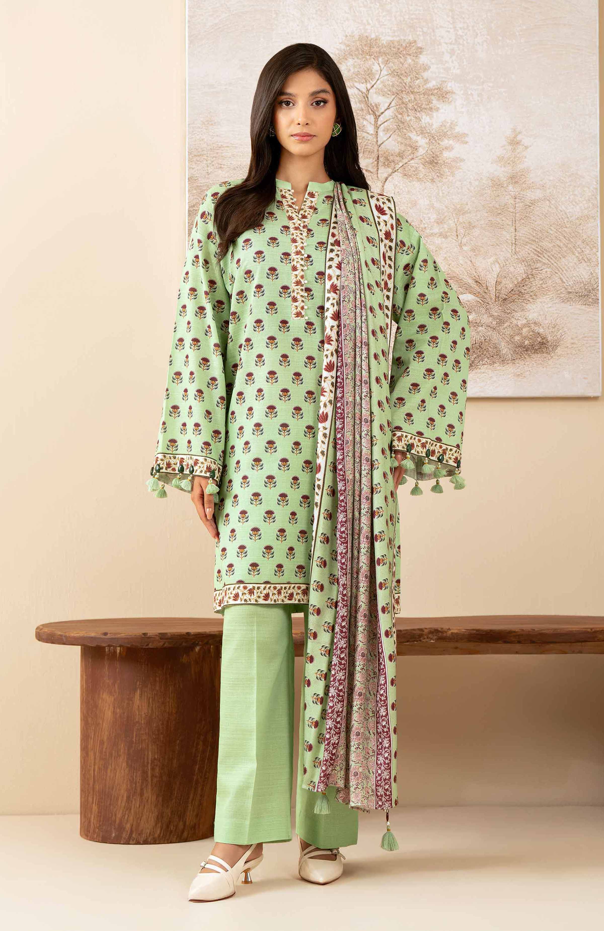 3 Piece - Printed Suit - 42502882 Unstitched Green Khaddar 3PC Printed