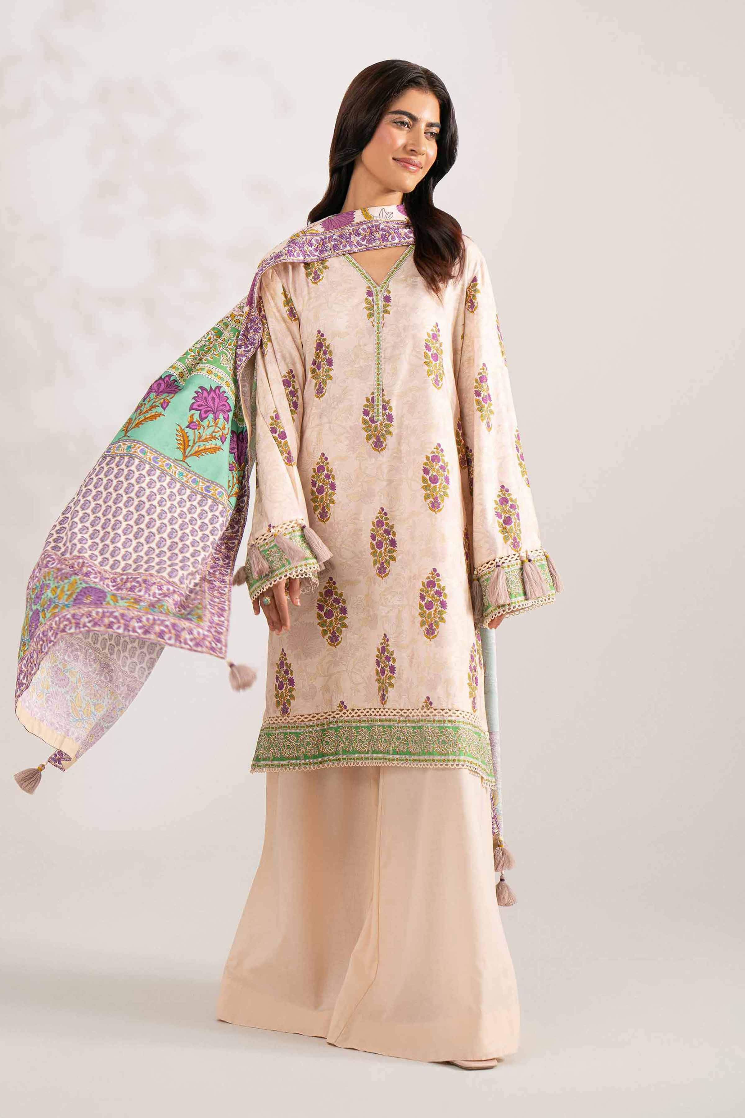 3 Piece - Digital Printed Suit - 42502904 Unstitched Beige Jacquard 3PC Printed