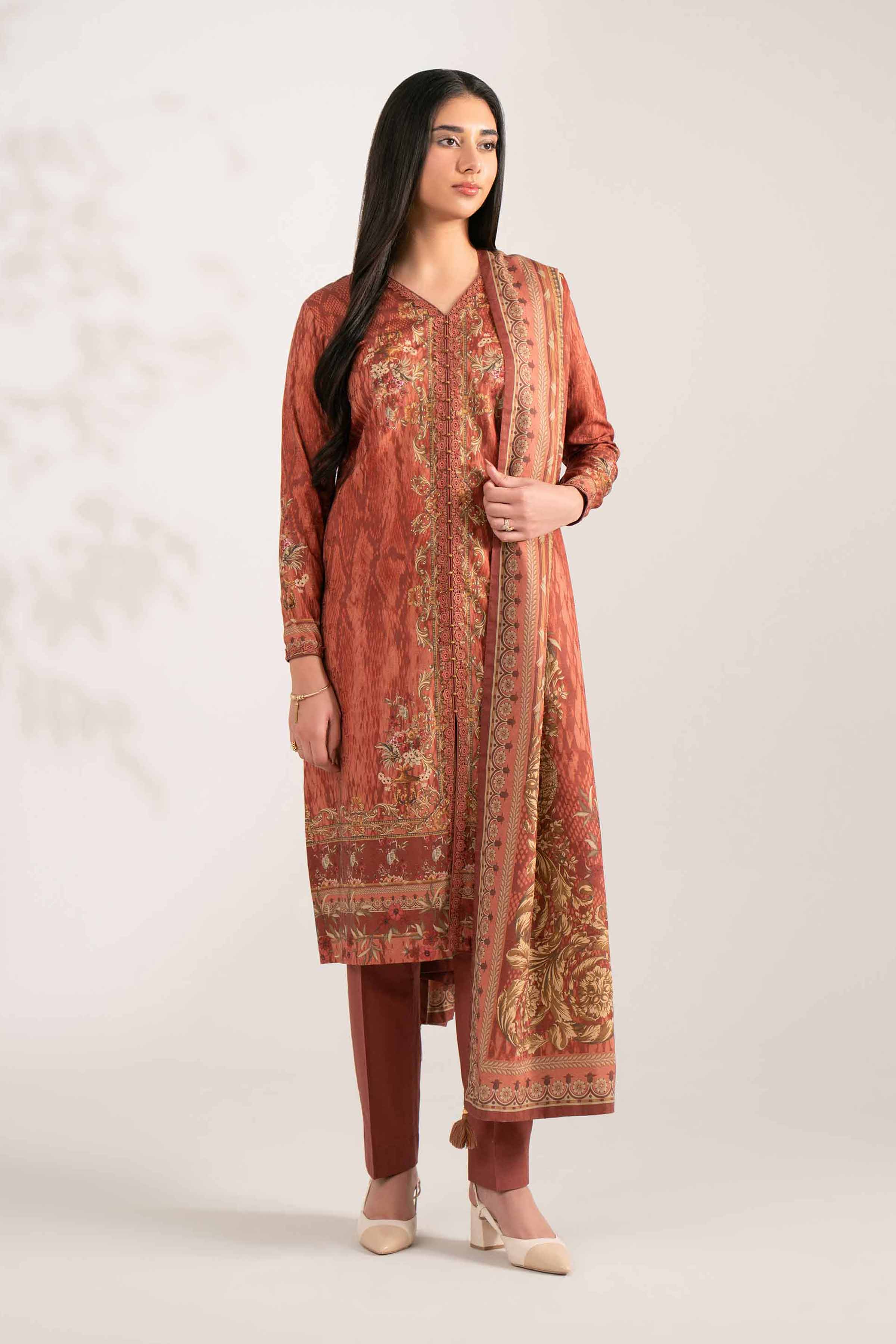 3 Piece - Digital Printed Suit - 42502906 Unstitched Brown Jacquard 3PC Printed