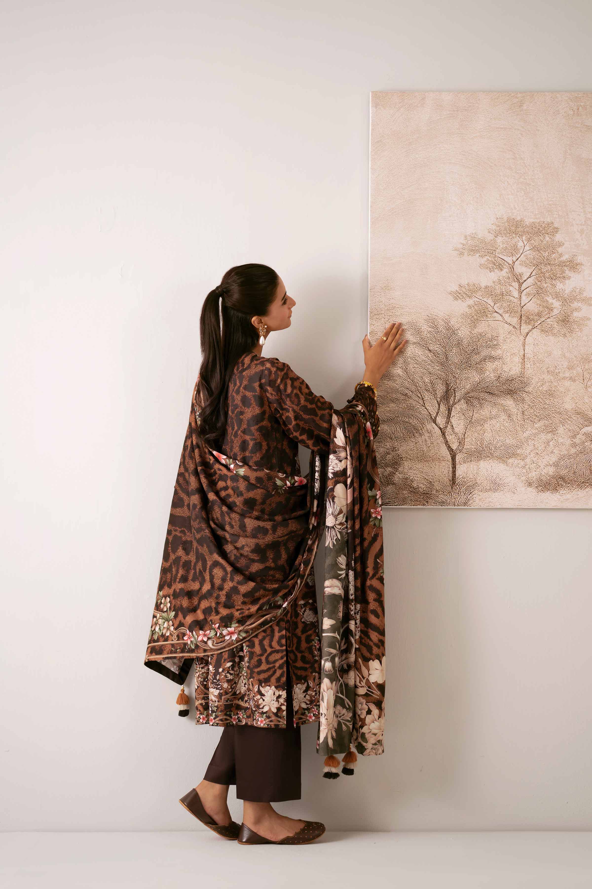 3 Piece - Digital Printed Suit - 42502908 Unstitched Brown Jacquard 3PC Printed