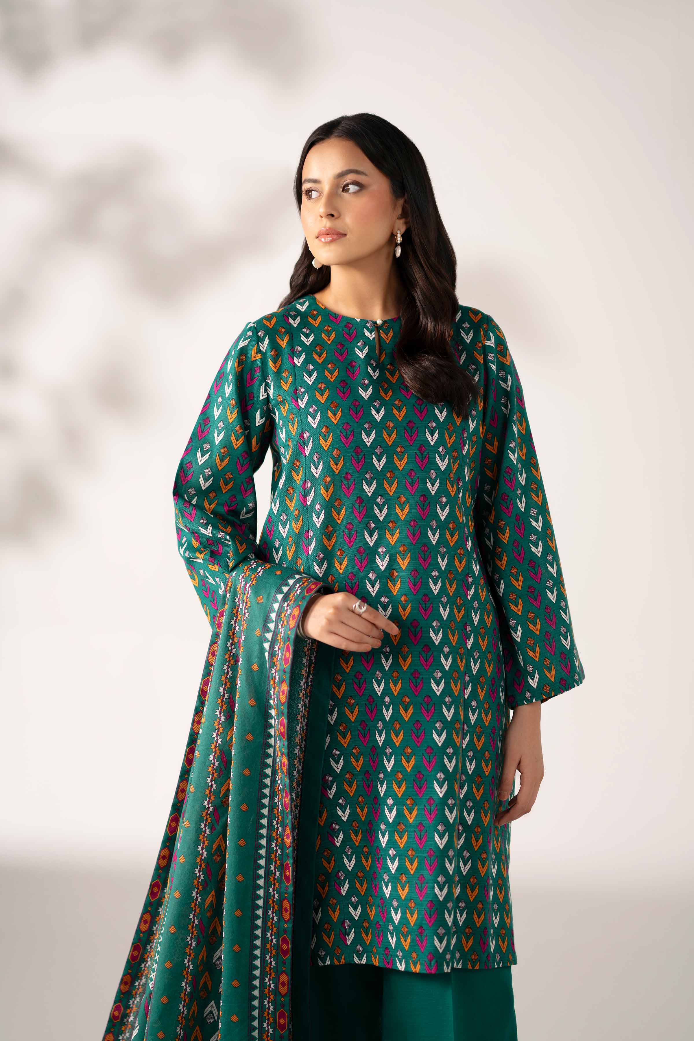 3 Piece - Printed Suit - 42502944 Unstitched Green Khaddar 3PC Printed