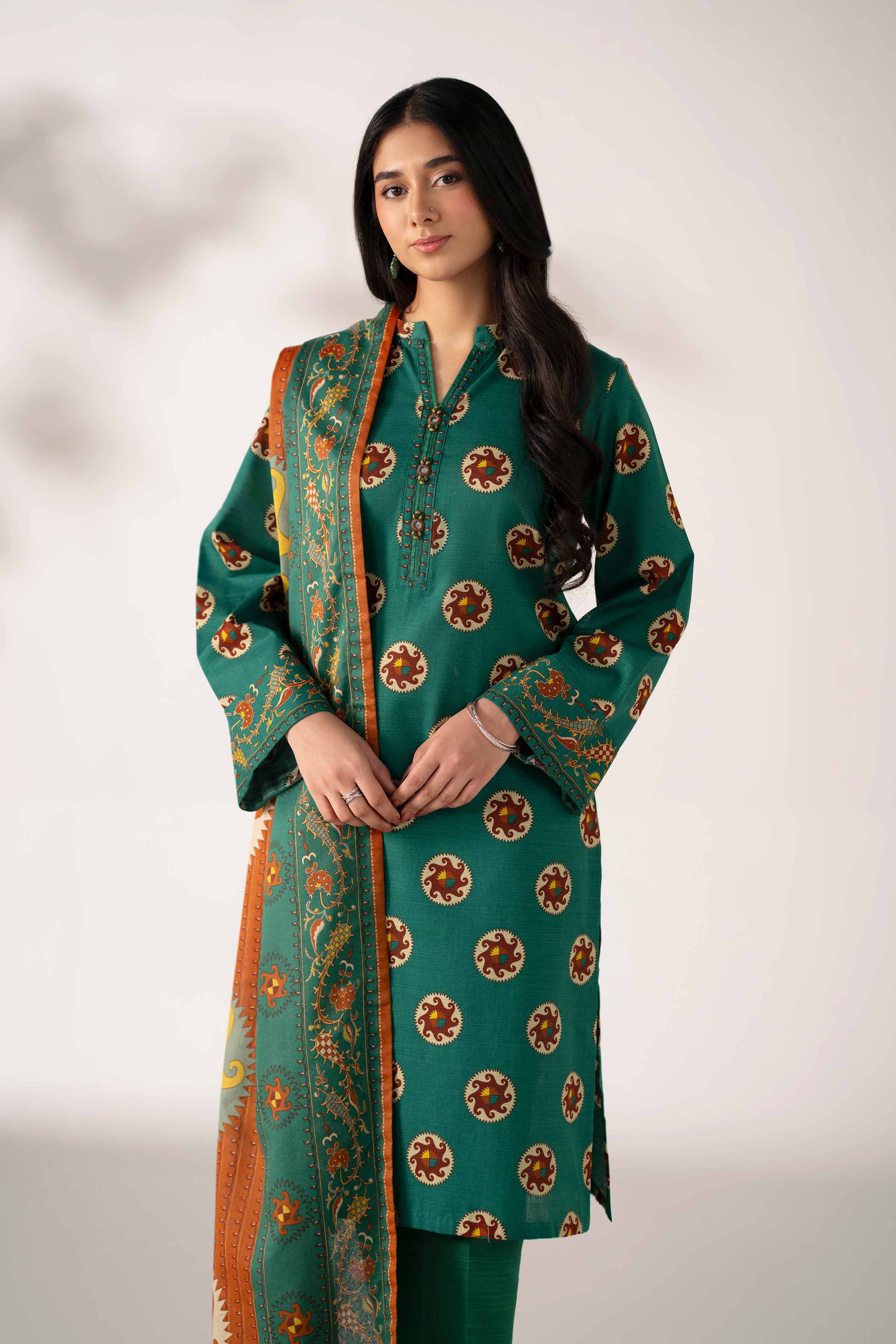 3 Piece - Printed Suit - 42502949 Unstitched Green Khaddar 3PC Printed