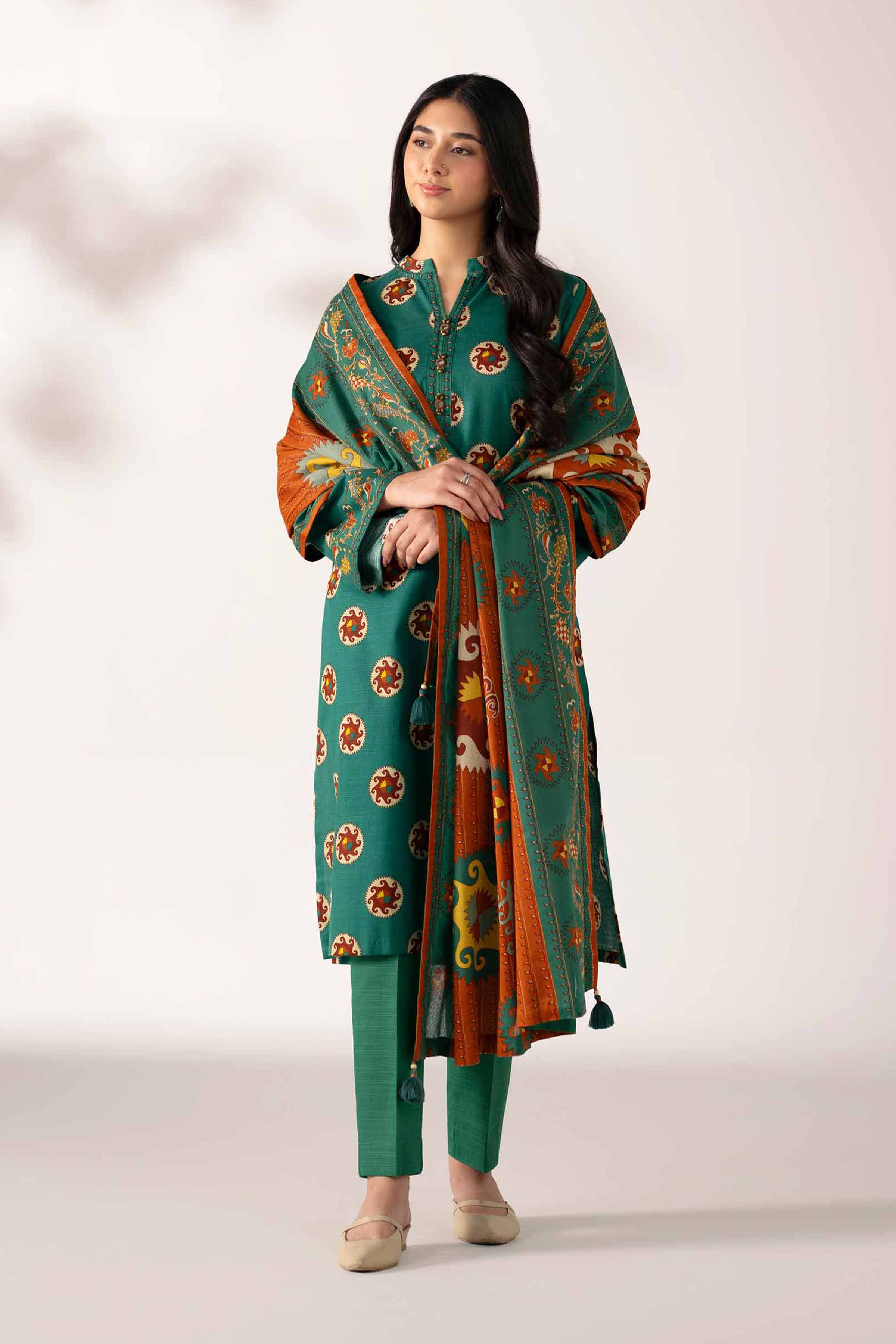 3 Piece - Printed Suit - 42502949 Unstitched Green Khaddar 3PC Printed