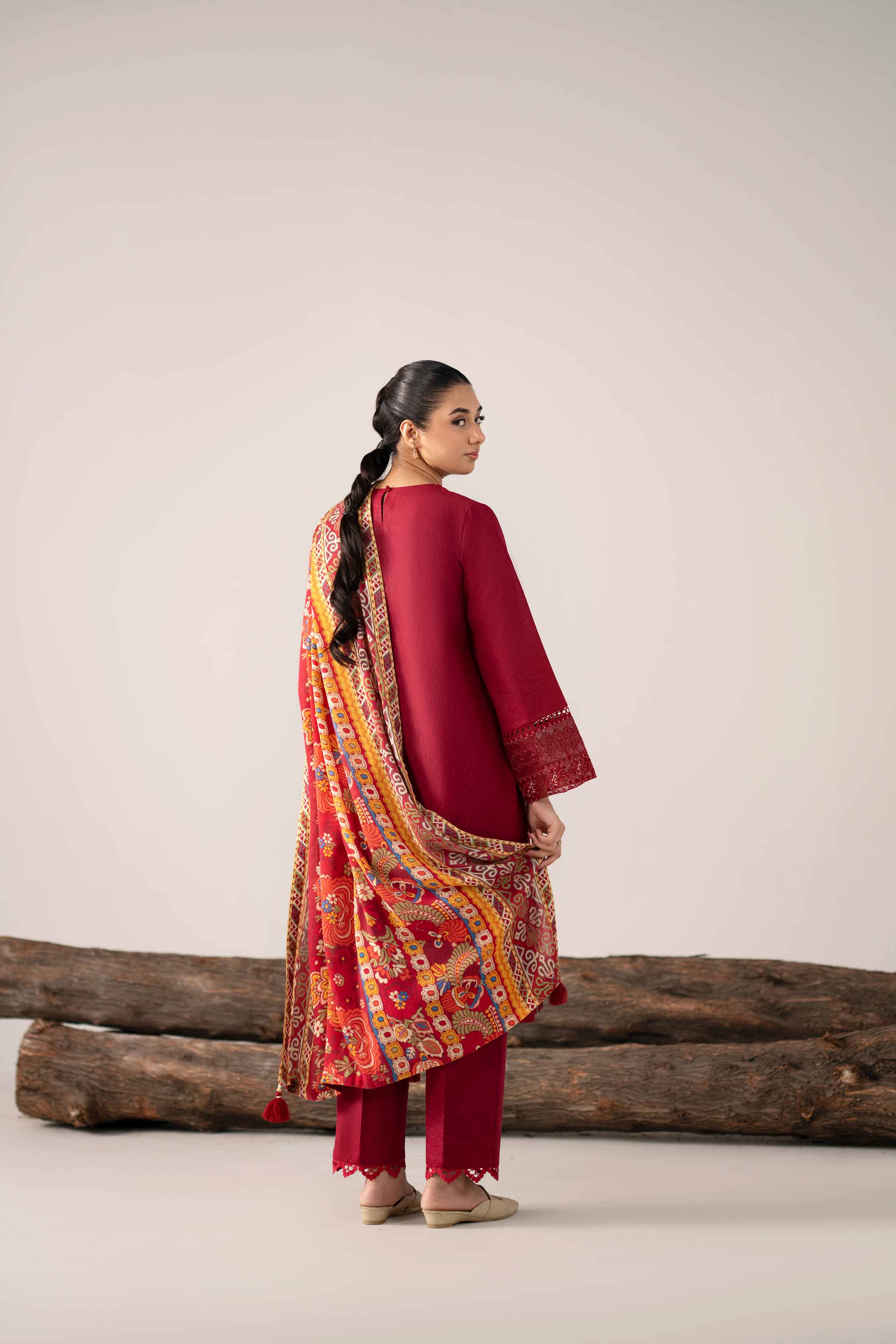 3 Piece - Digital Printed Embroidered Suit - 42502978 Unstitched Maroon Karandi 3PC Embroidered