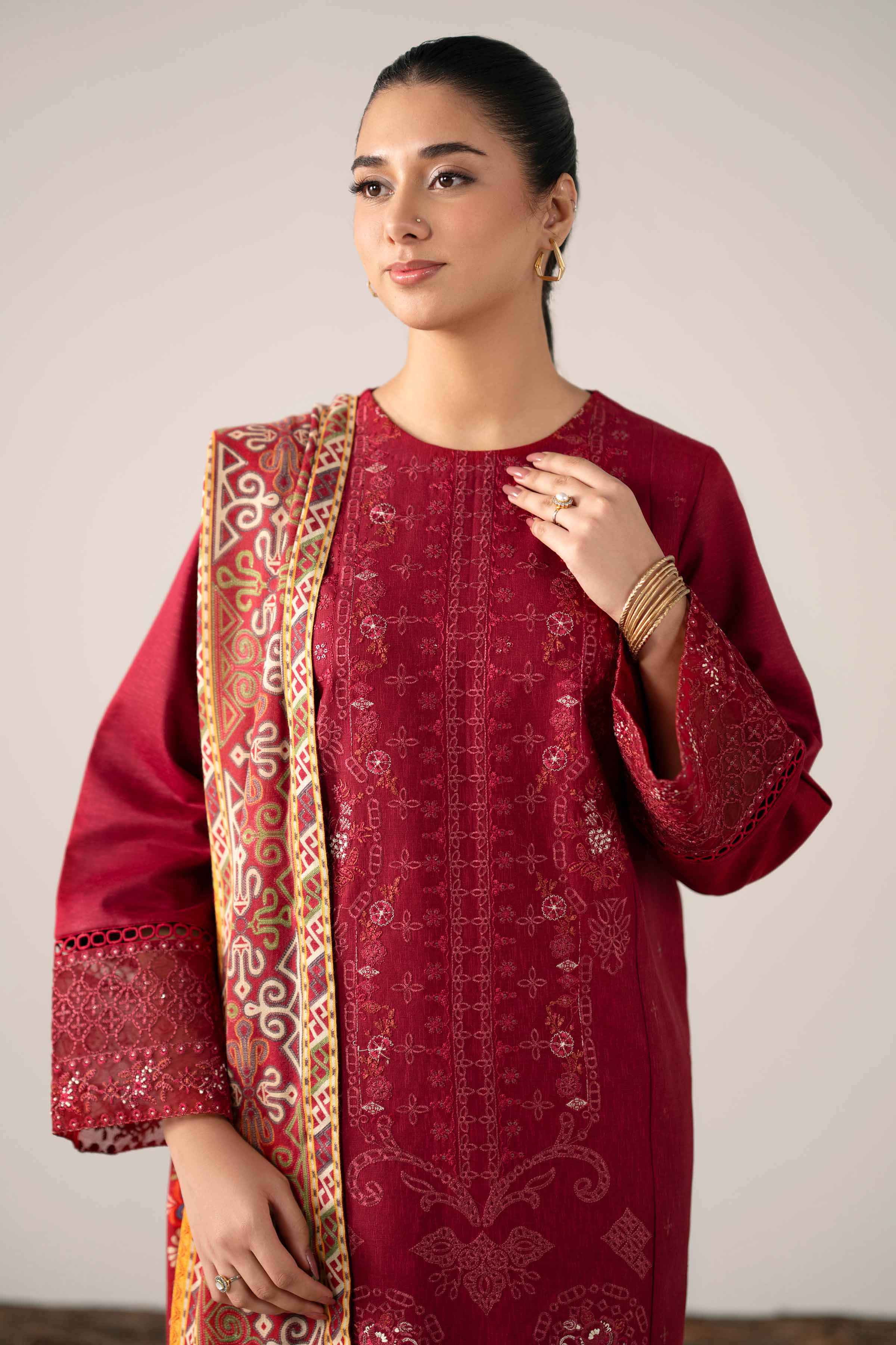 3 Piece - Digital Printed Embroidered Suit - 42502978 Unstitched Maroon Karandi 3PC Embroidered