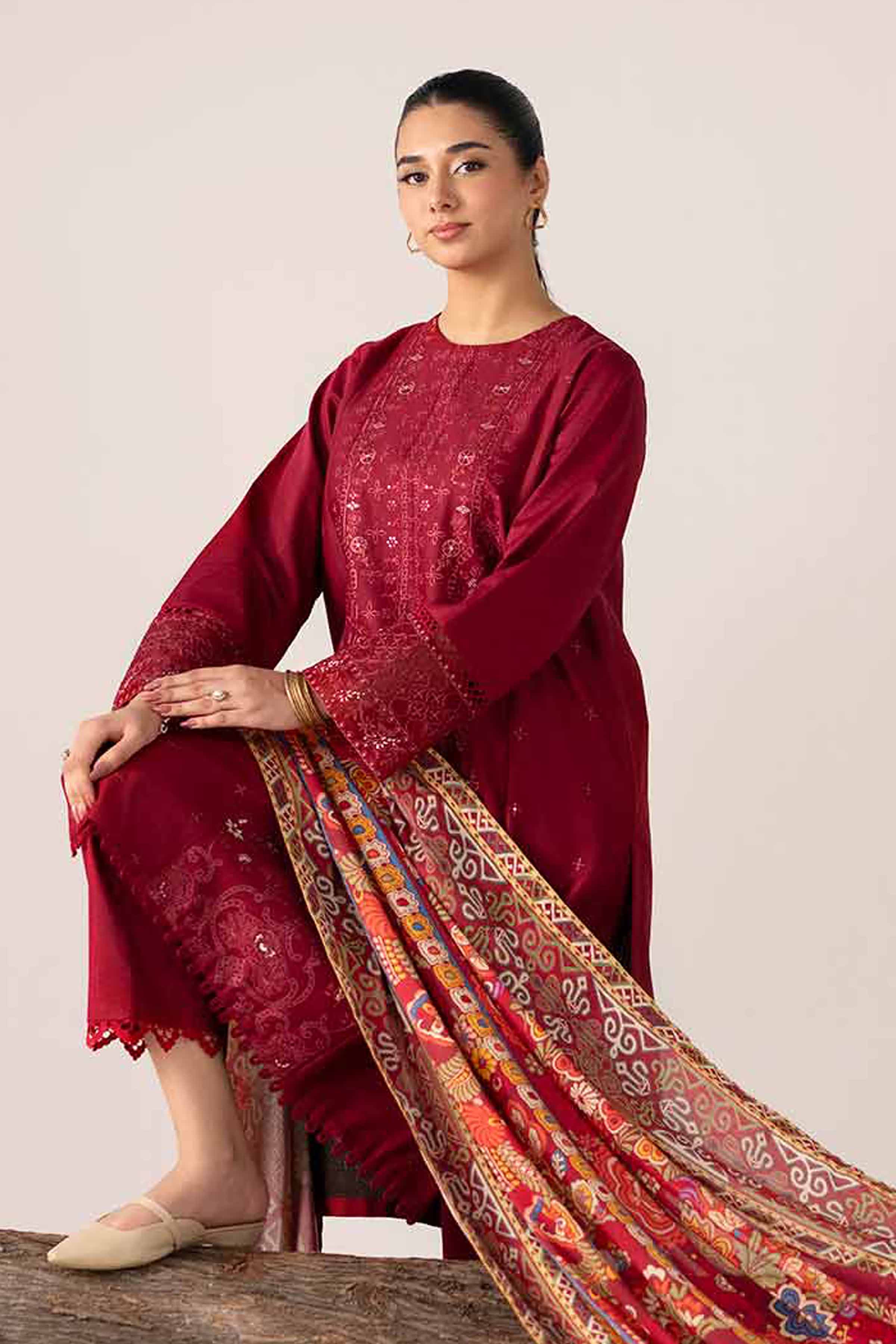 3 Piece - Digital Printed Embroidered Suit - 42502978 Unstitched Maroon Karandi 3PC Embroidered
