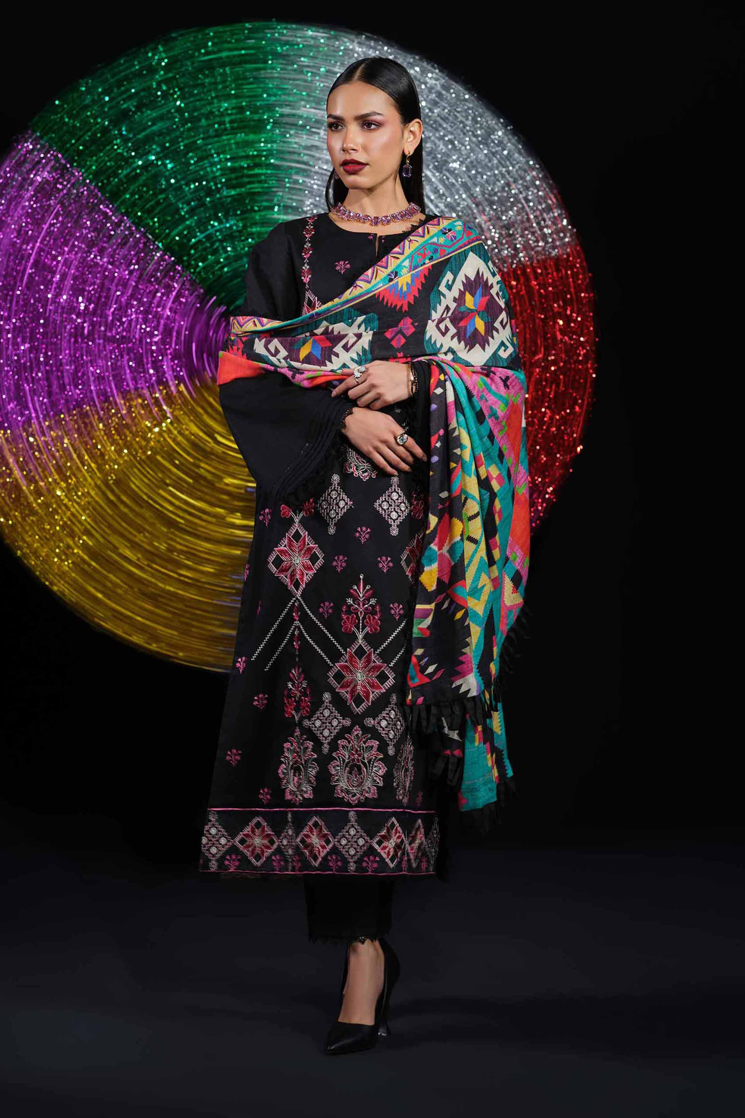 3 Piece - Digital Printed Embroidered Suit - 42502981 Unstitched Black Karandi 3PC Embroidered