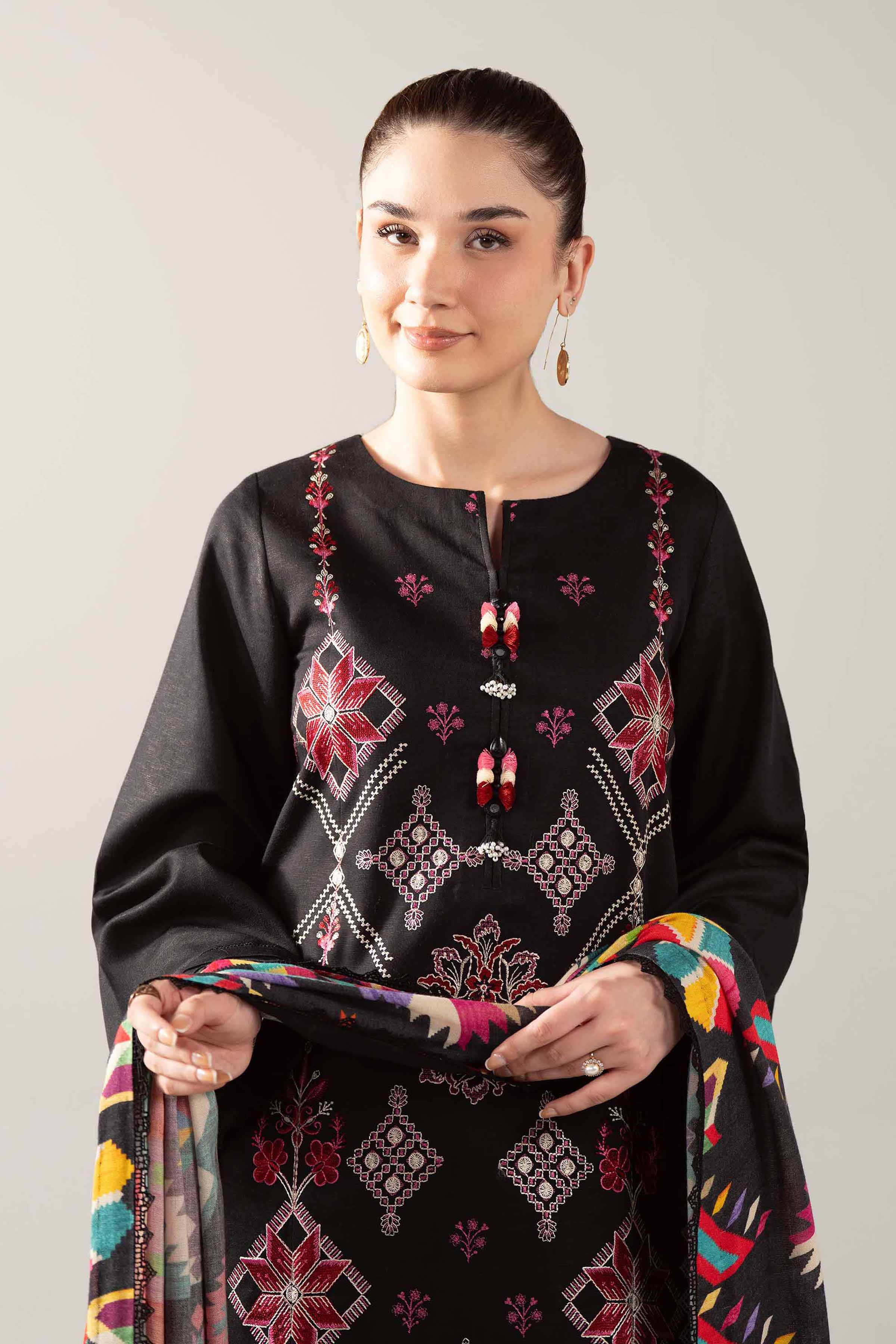 3 Piece - Digital Printed Embroidered Suit - 42502981 Unstitched Black Karandi 3PC Embroidered
