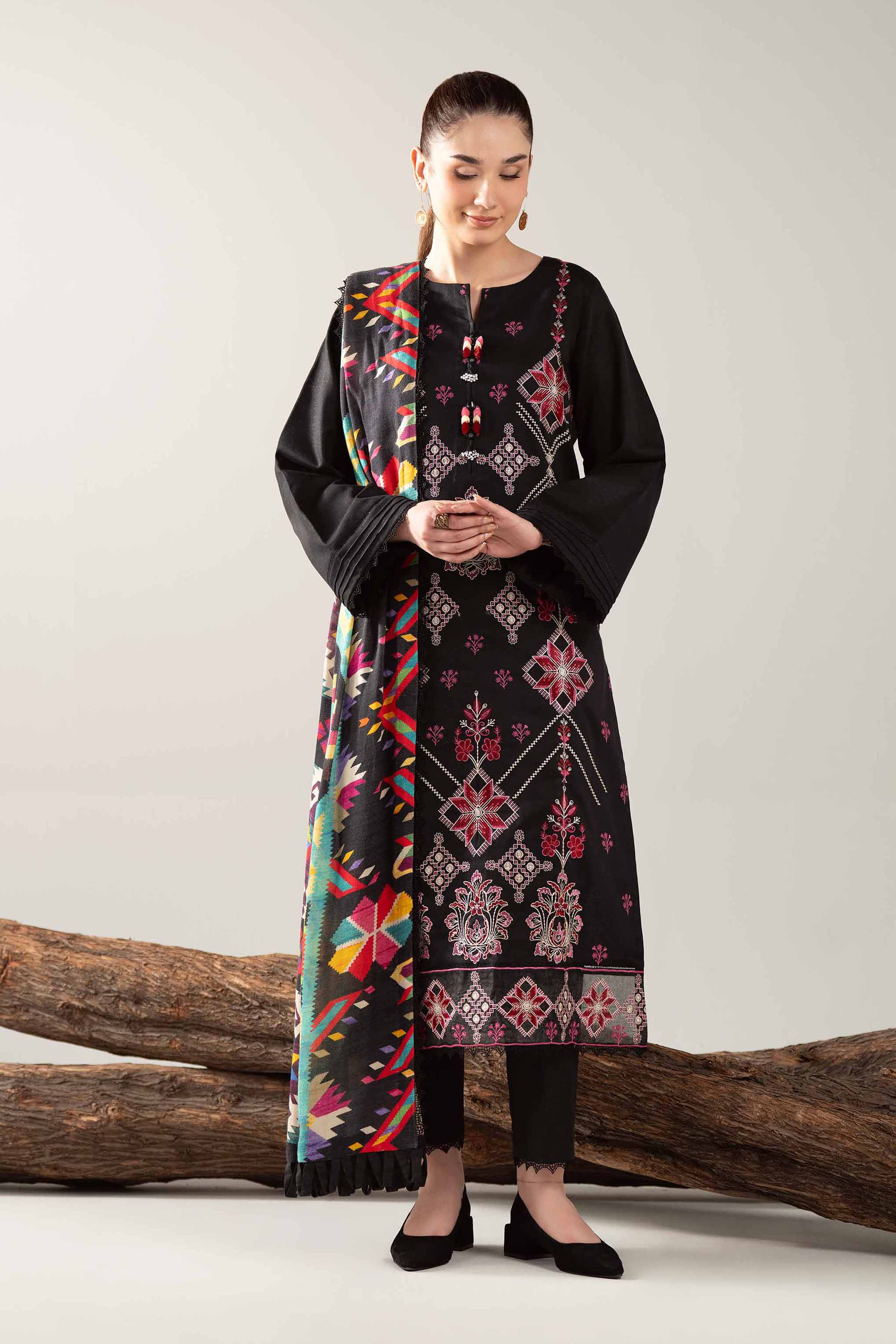 3 Piece - Digital Printed Embroidered Suit - 42502981 Unstitched Black Karandi 3PC Embroidered