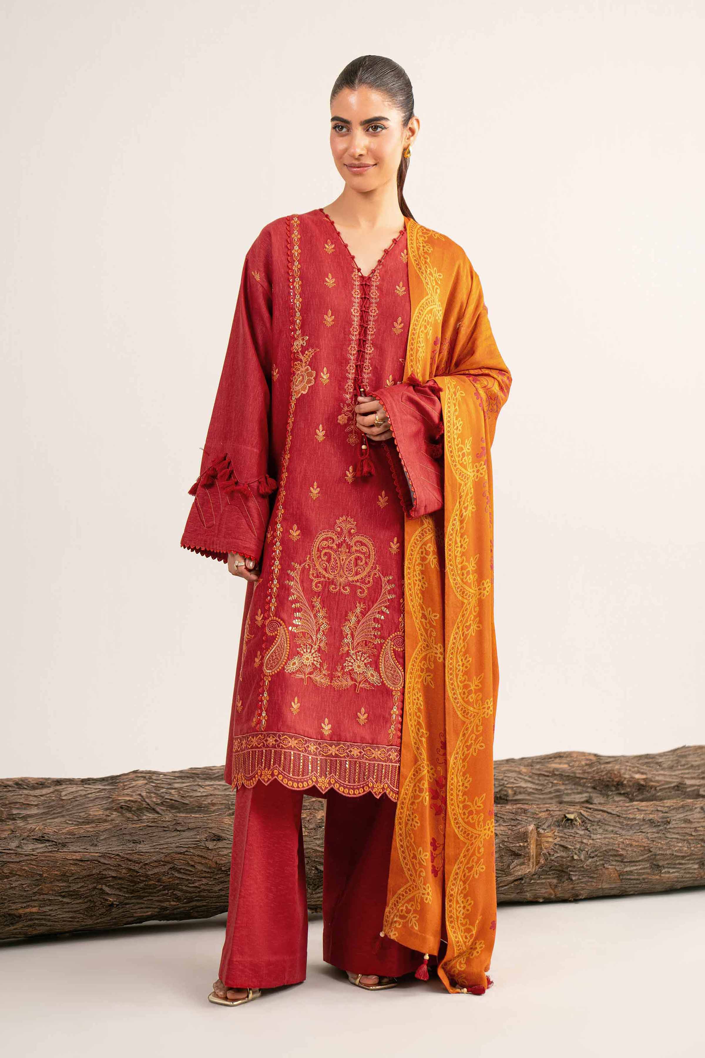 3 Piece - Digital Printed Embroidered Suit - 42502983 Unstitched Red Karandi 3PC Embroidered