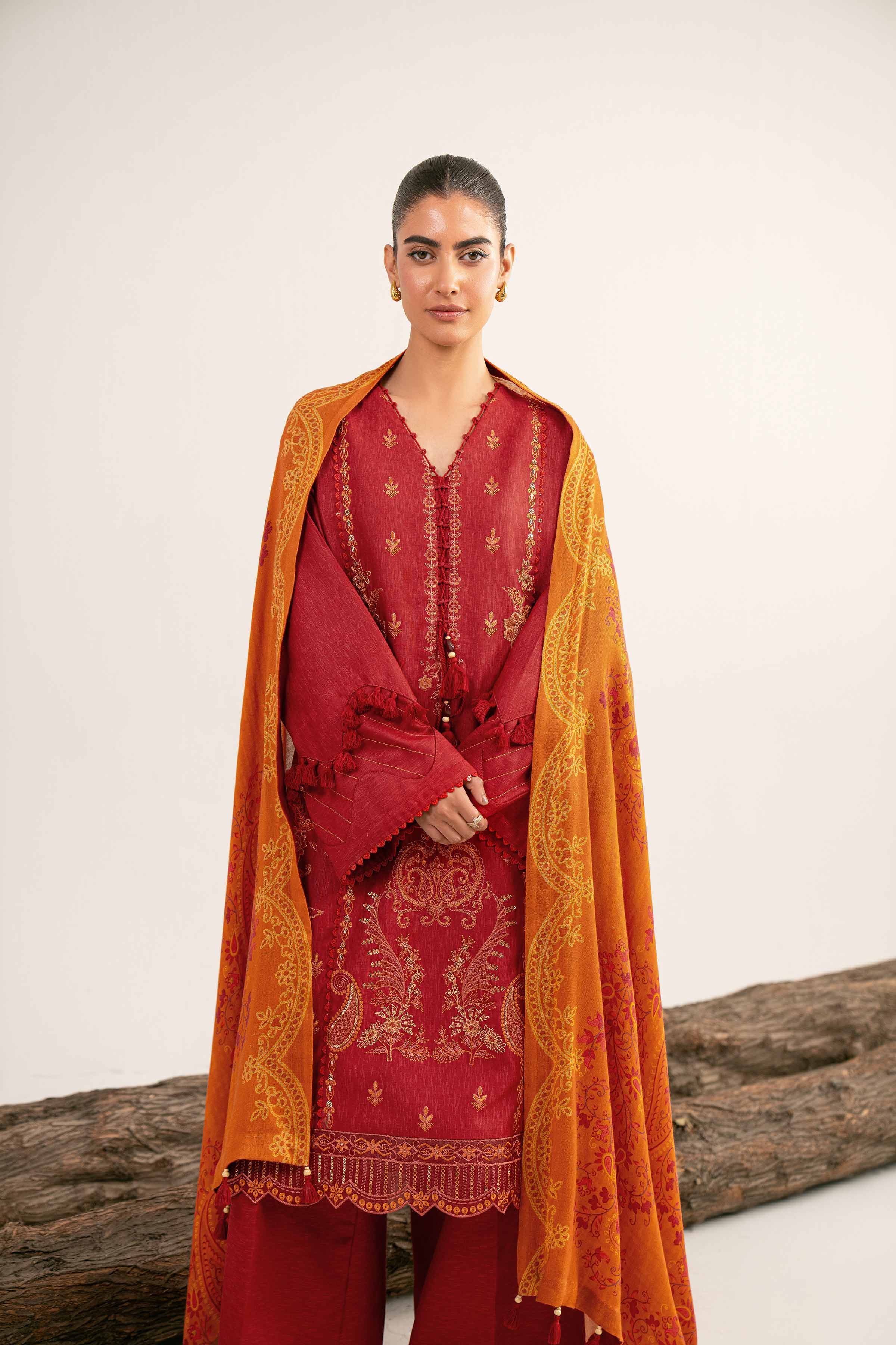 3 Piece - Digital Printed Embroidered Suit - 42502983 Unstitched Red Karandi 3PC Embroidered